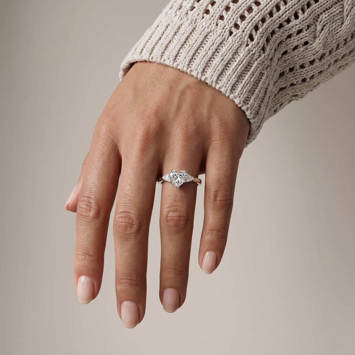 White Metal Heart Cut Moissanite Three Stone Engagement Ring