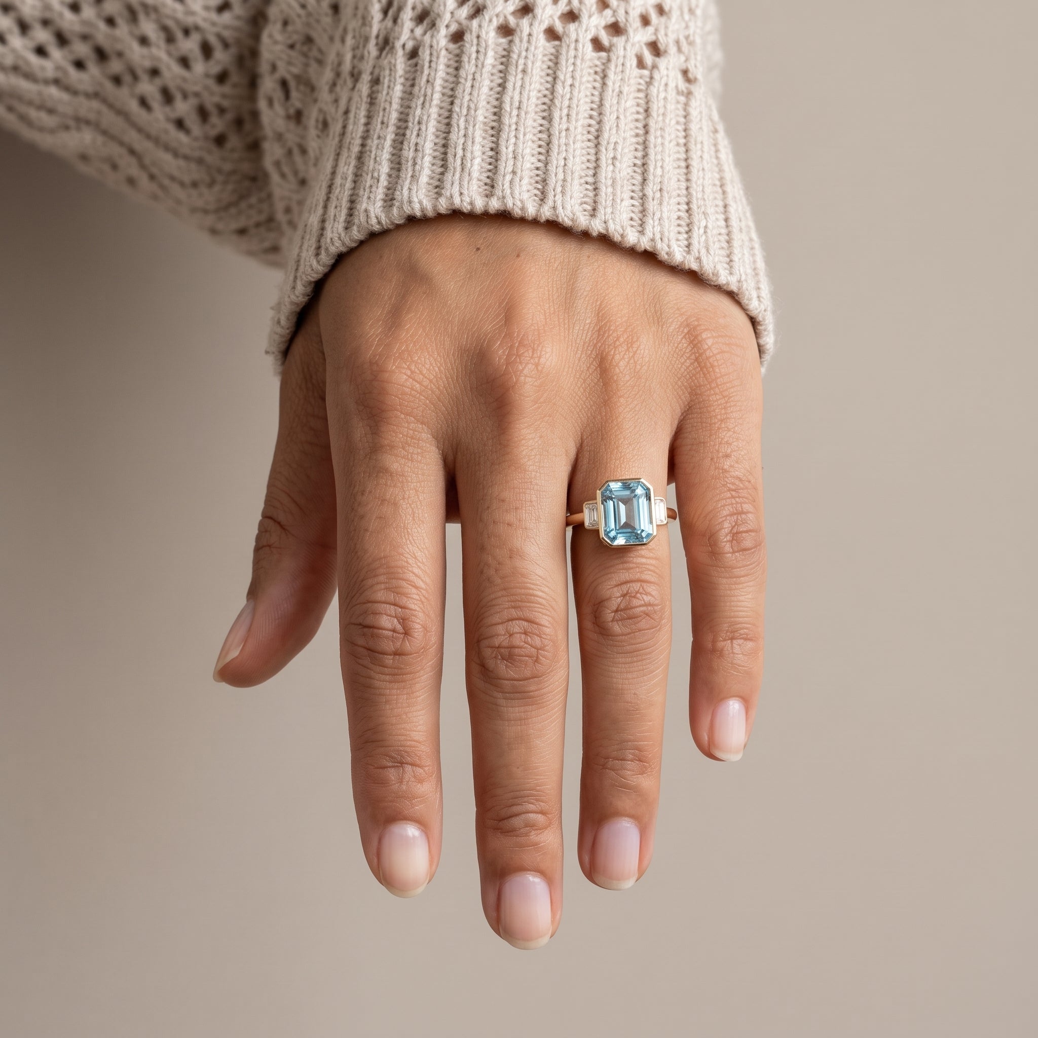 Yellow Gold Emerald Cut Blue Moissanite Three-Stone Ring