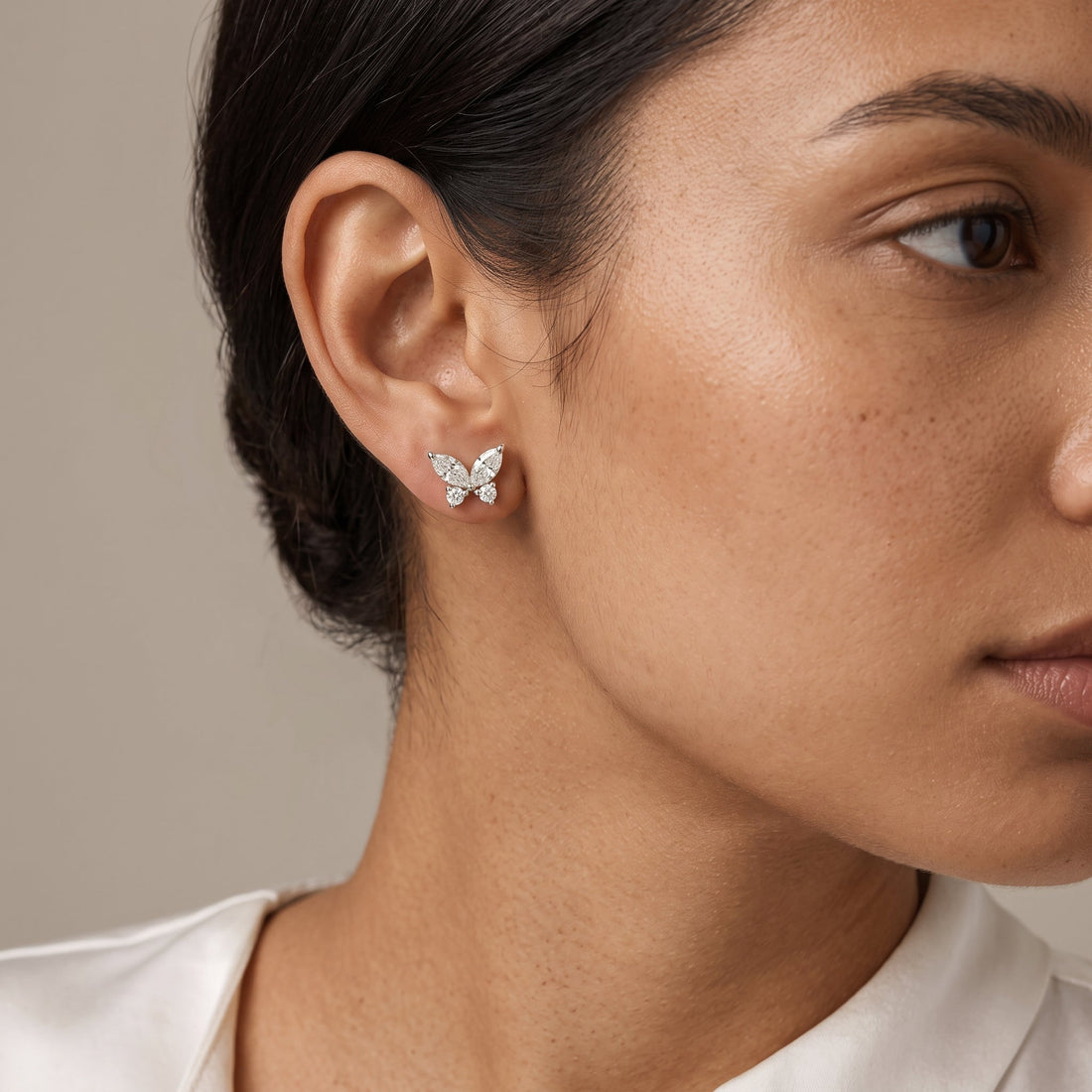 Yellow Gold Marquise & Round Butterfly Stud Earrings