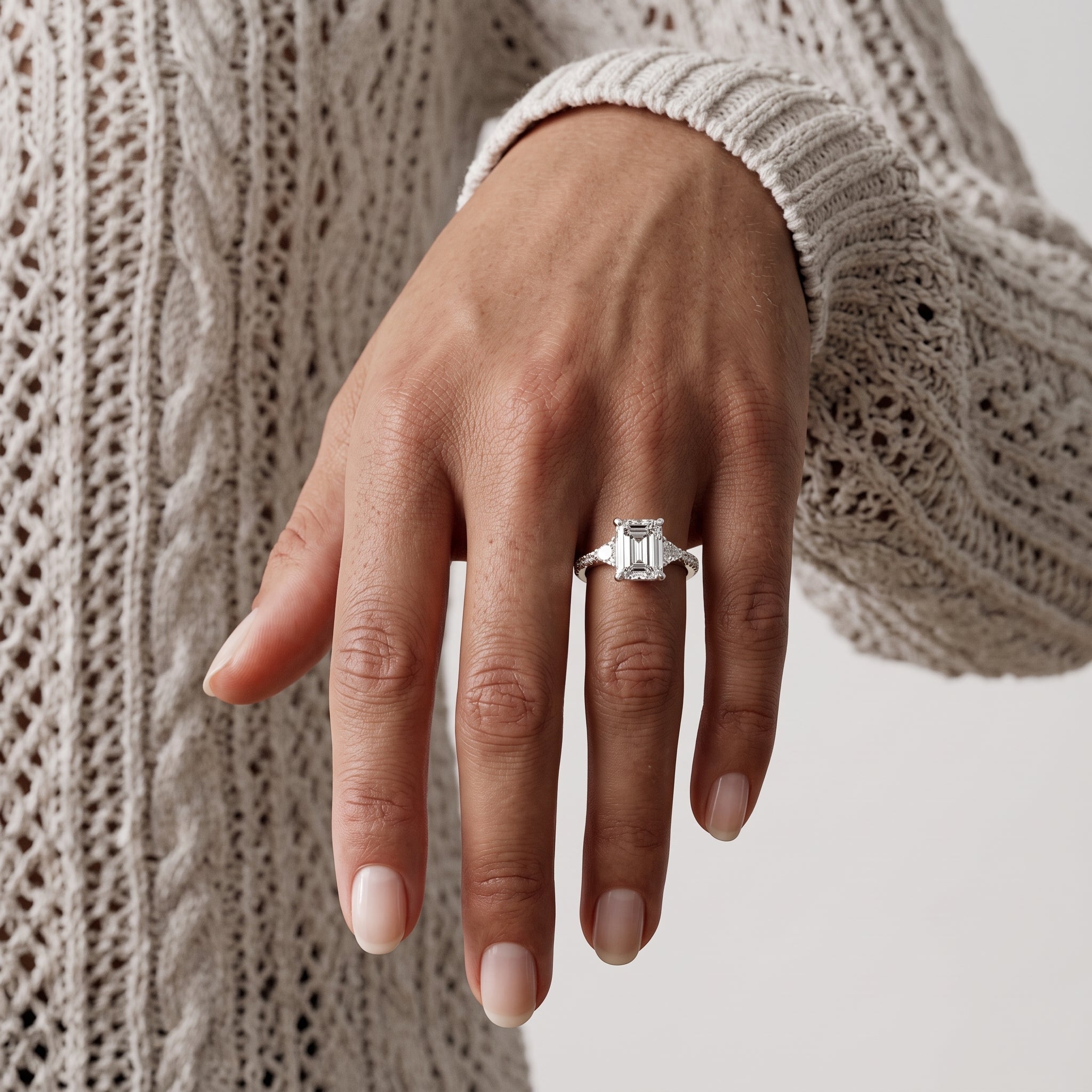 White Metal Emerald Cut Moissanite Three-Stone Engagement Ring