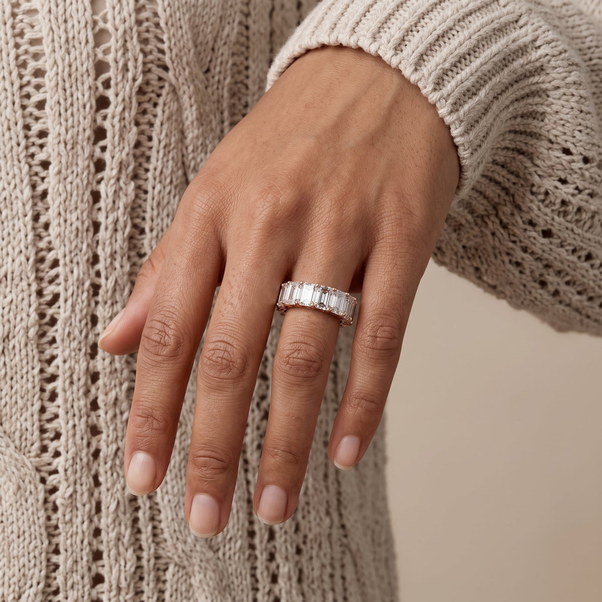 Rose Gold Emerald Cut Moissanite Eternity Band Ring