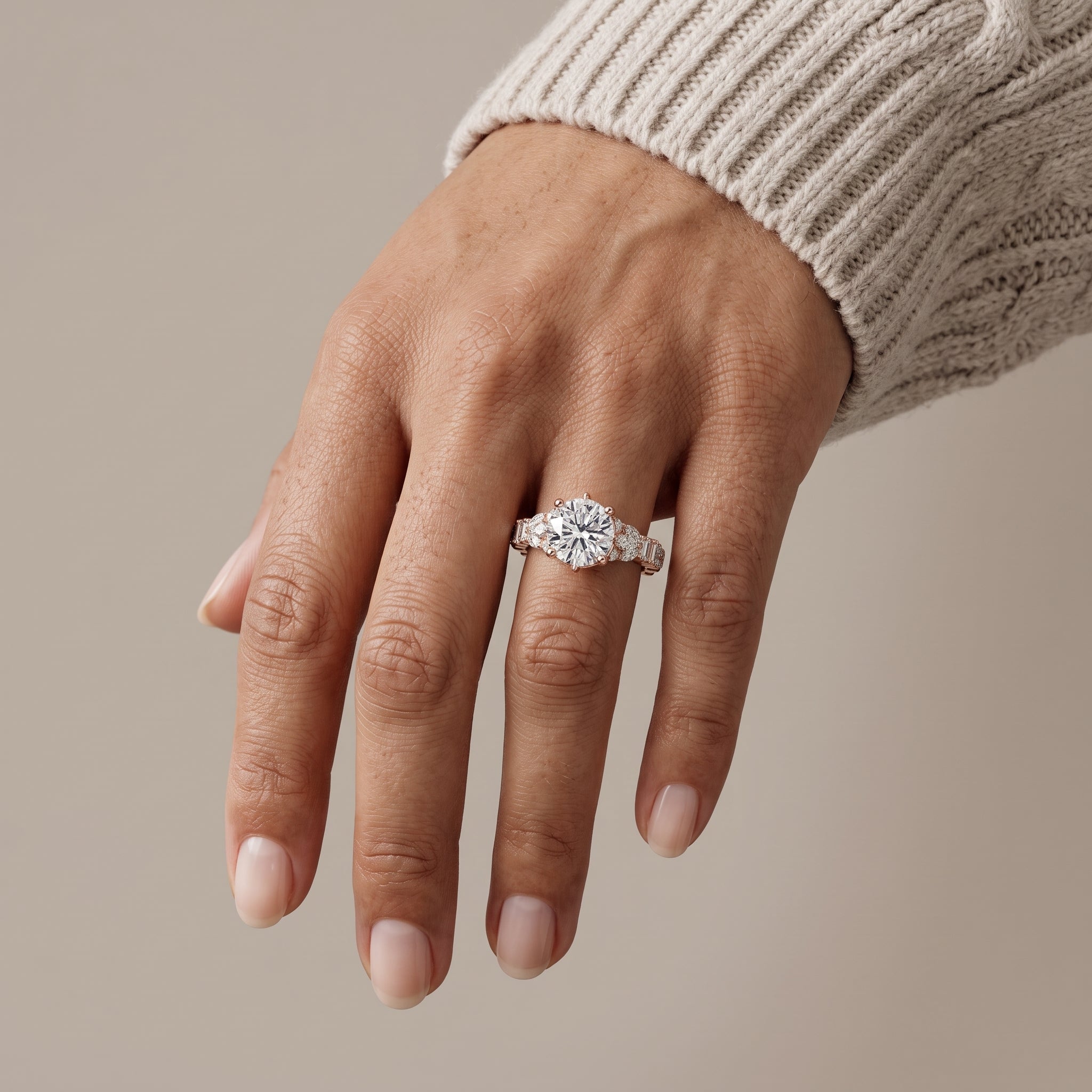 Rose Gold Round Moissanite Engagement Ring with Side Accent Stones