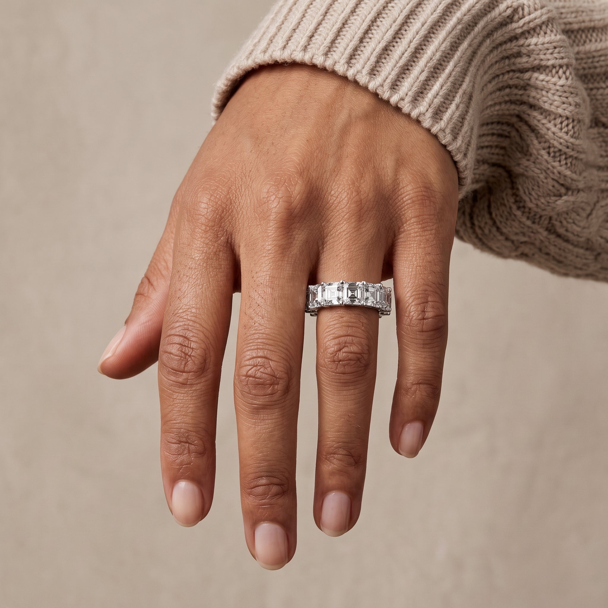 White Metal Asscher Cut Moissanite Eternity Band Ring