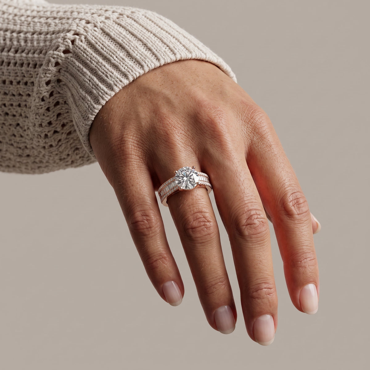 Rose Gold Round Moissanite Engagement Ring with Baguette Accent Band