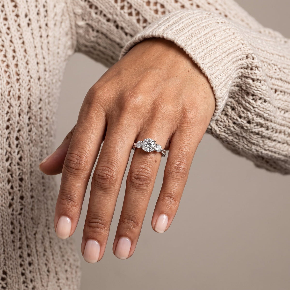 White Metal Round Moissanite Three-Stone Engagement Ring