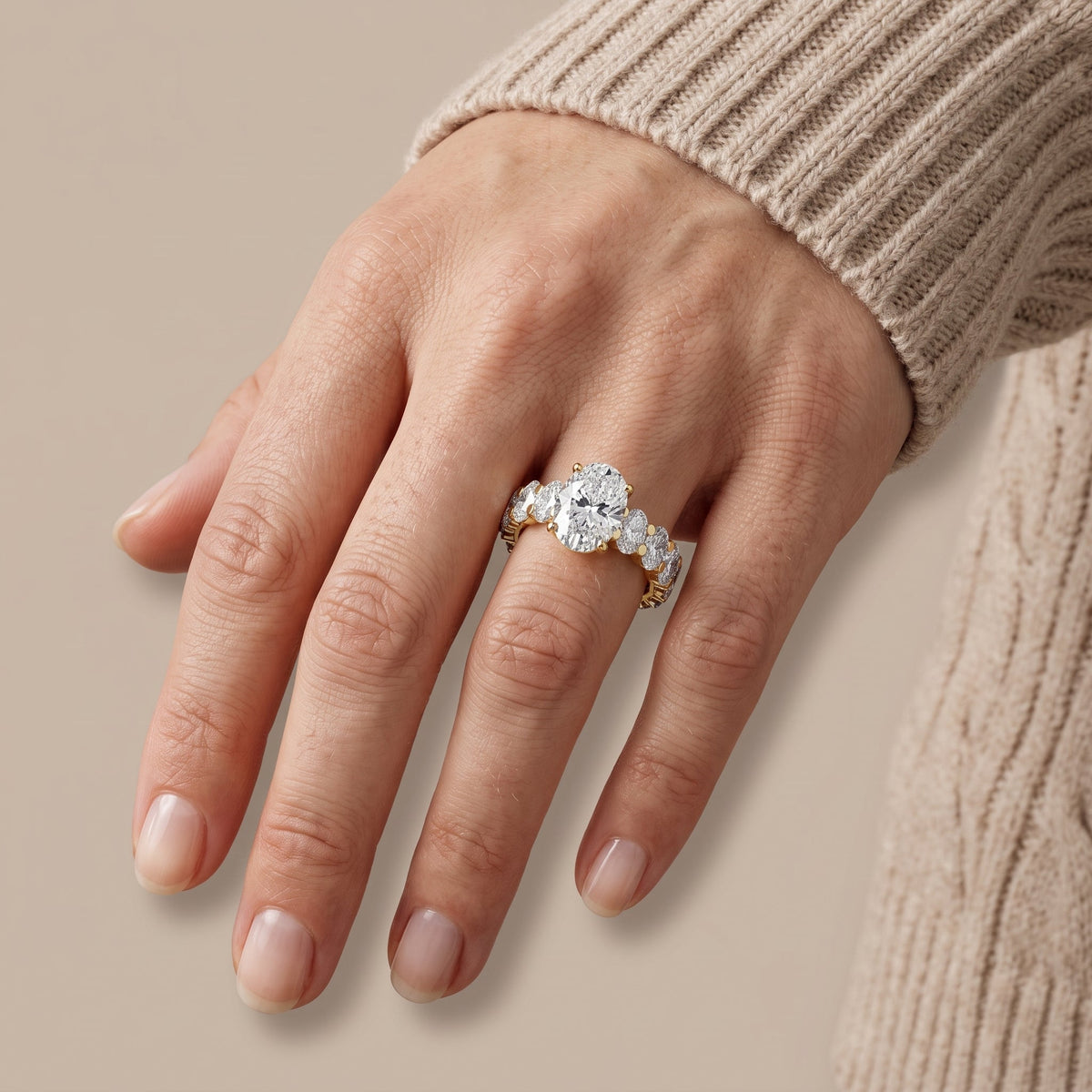 Yellow Gold Oval Moissanite Eternity Engagement Ring