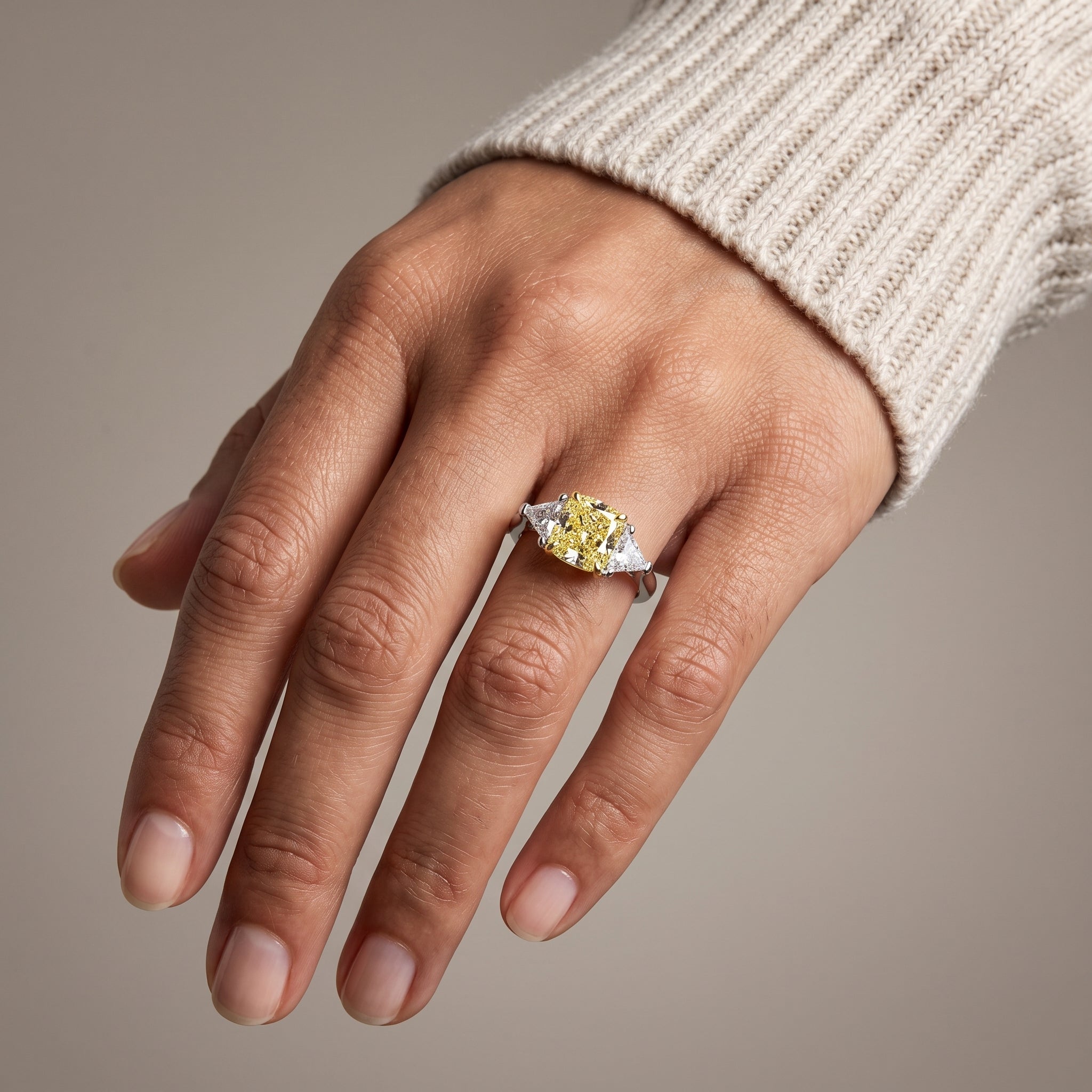 White Gold Cushion Cut Yellow Moissanite Three Stone Ring