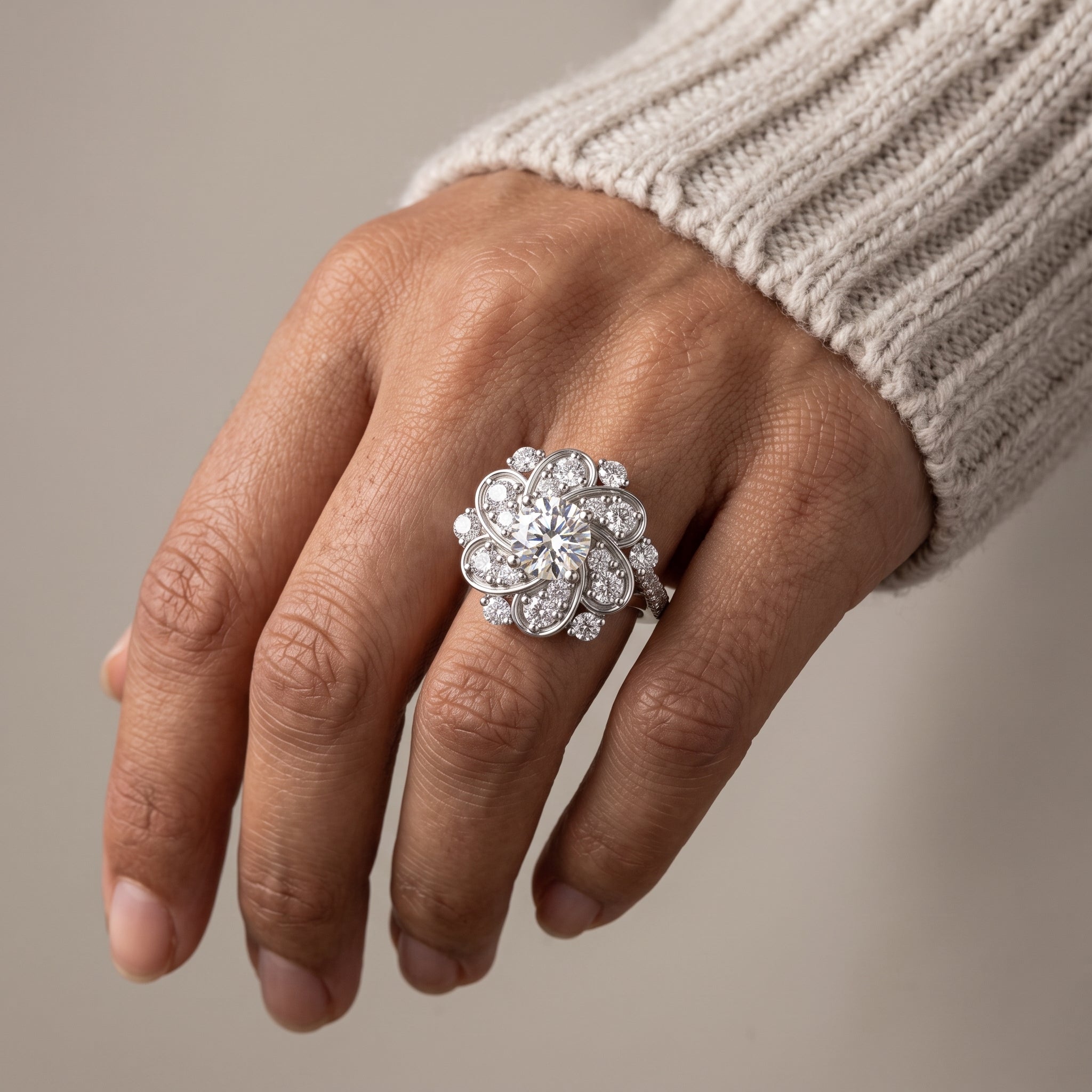 White Gold Round Moissanite Floral Halo Engagement Ring