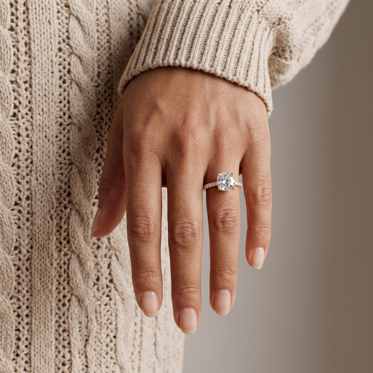 Yellow Gold Cushion Cut Moissanite Engagement Ring with Pavé Band