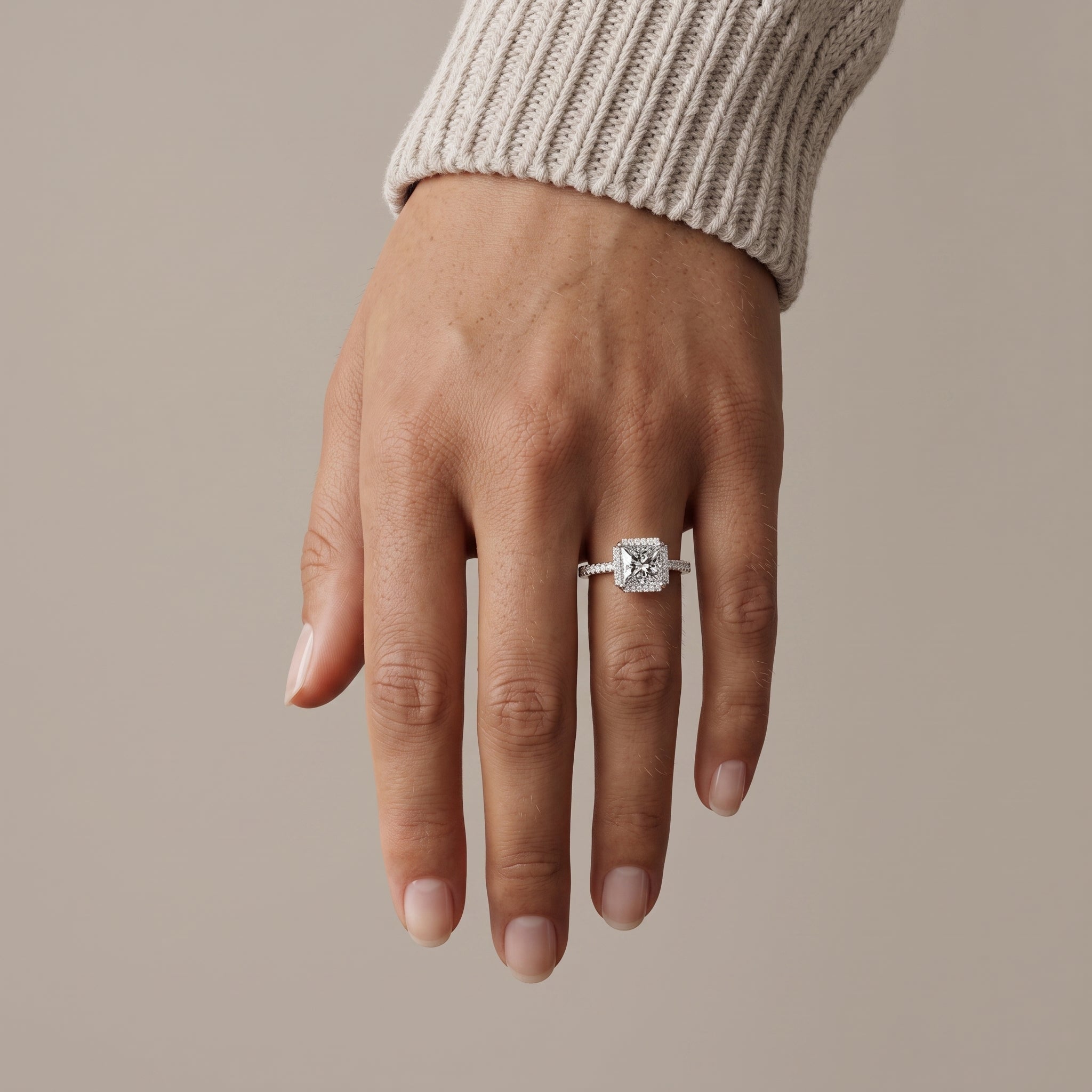 White Metal Princess Cut Moissanite Halo Engagement Ring