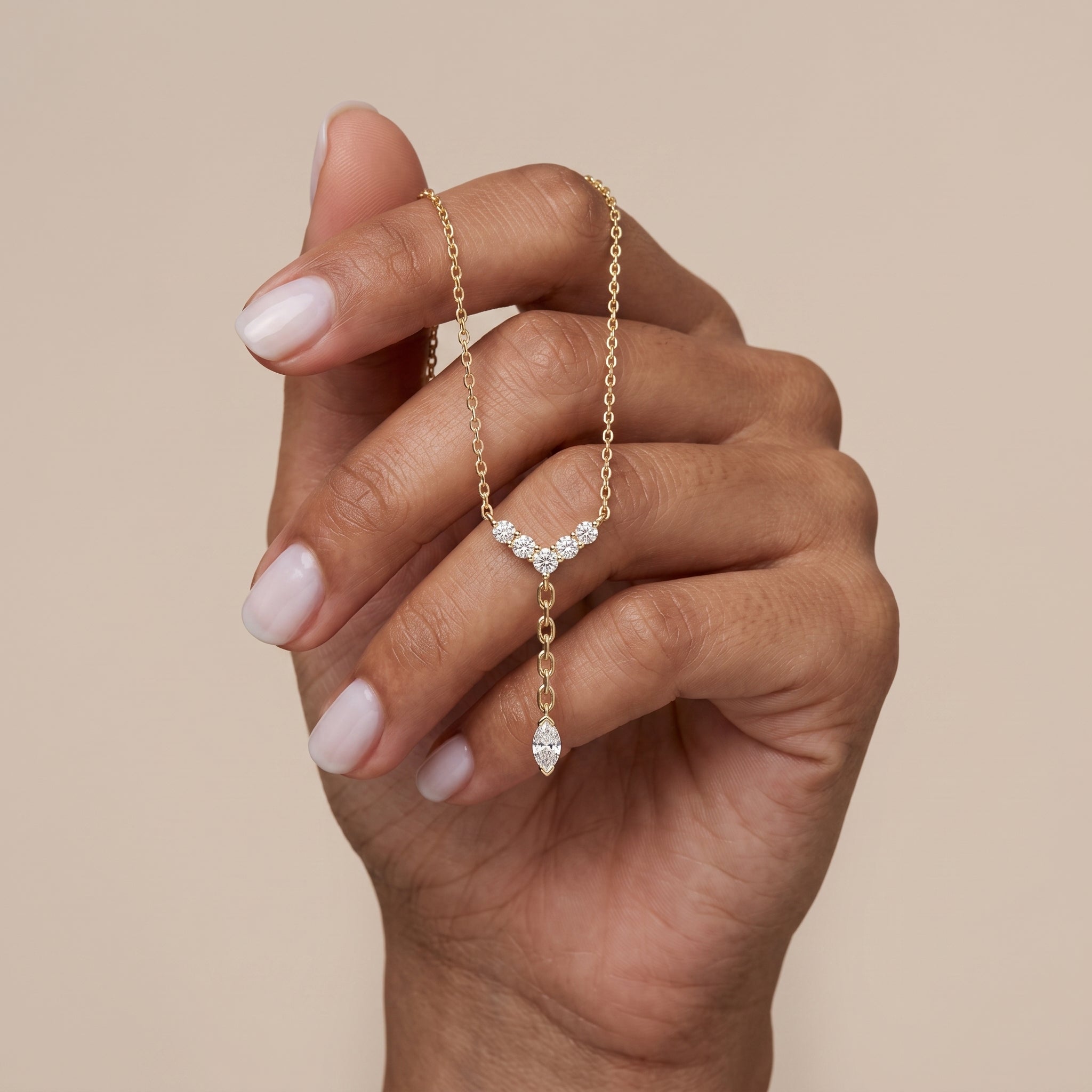 Yellow Gold Marquise Moissanite Lariat Necklace with Round Accents