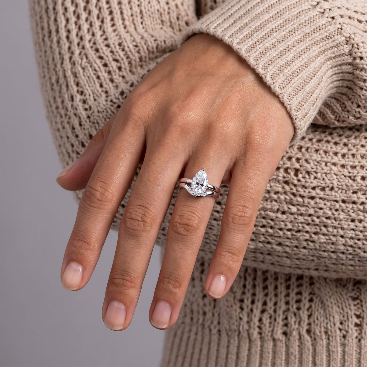 White Metal Pear Cut Moissanite Engagement Ring Set