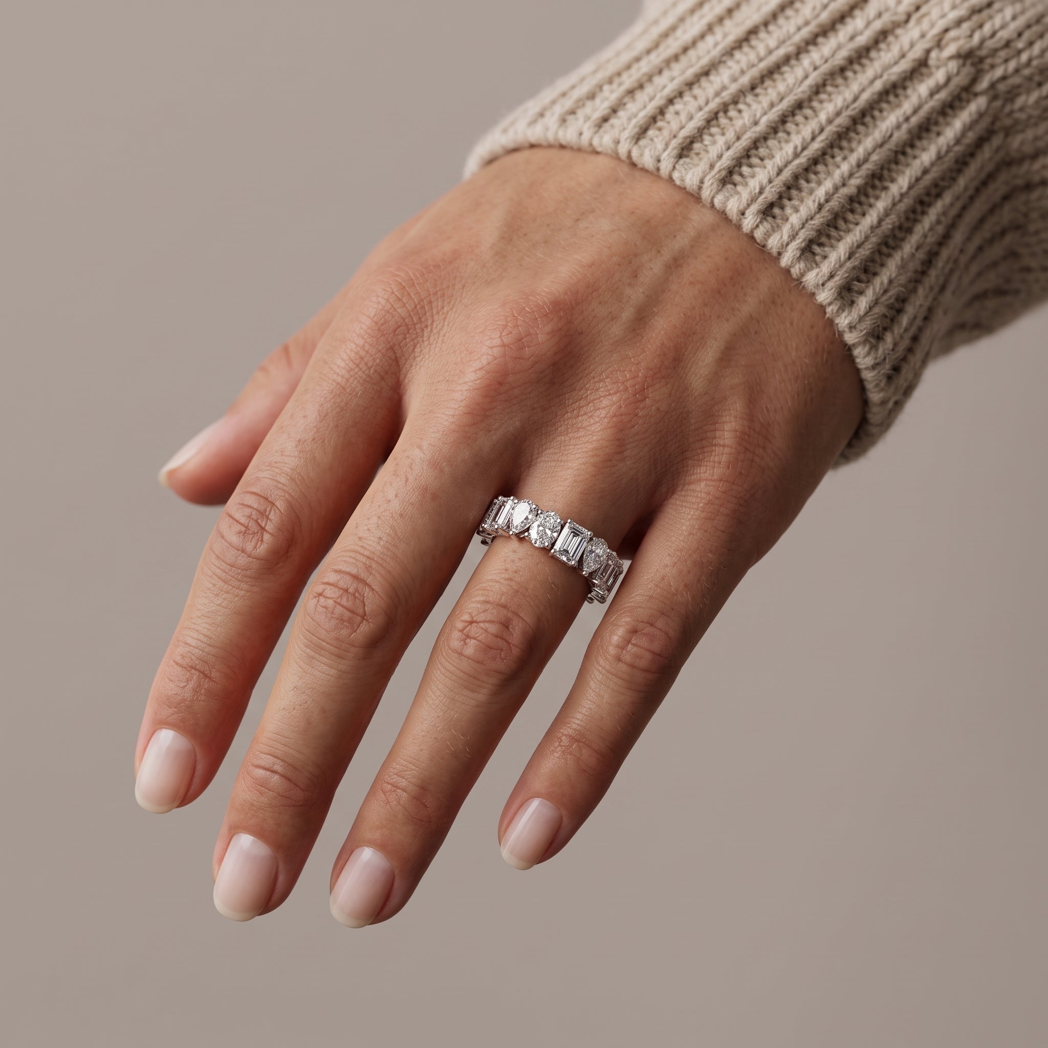 White Metal Emerald, Pear & Oval Cut Moissanite Eternity Band Ring