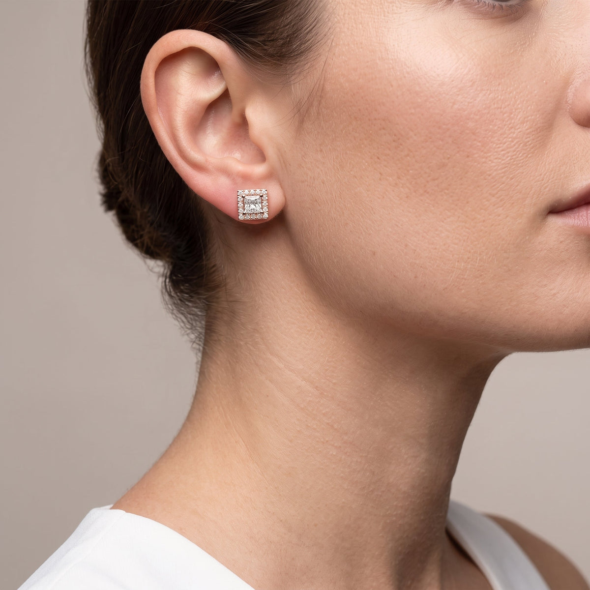 Rose Gold Princess Cut Moissanite Stud Earrings with Halo