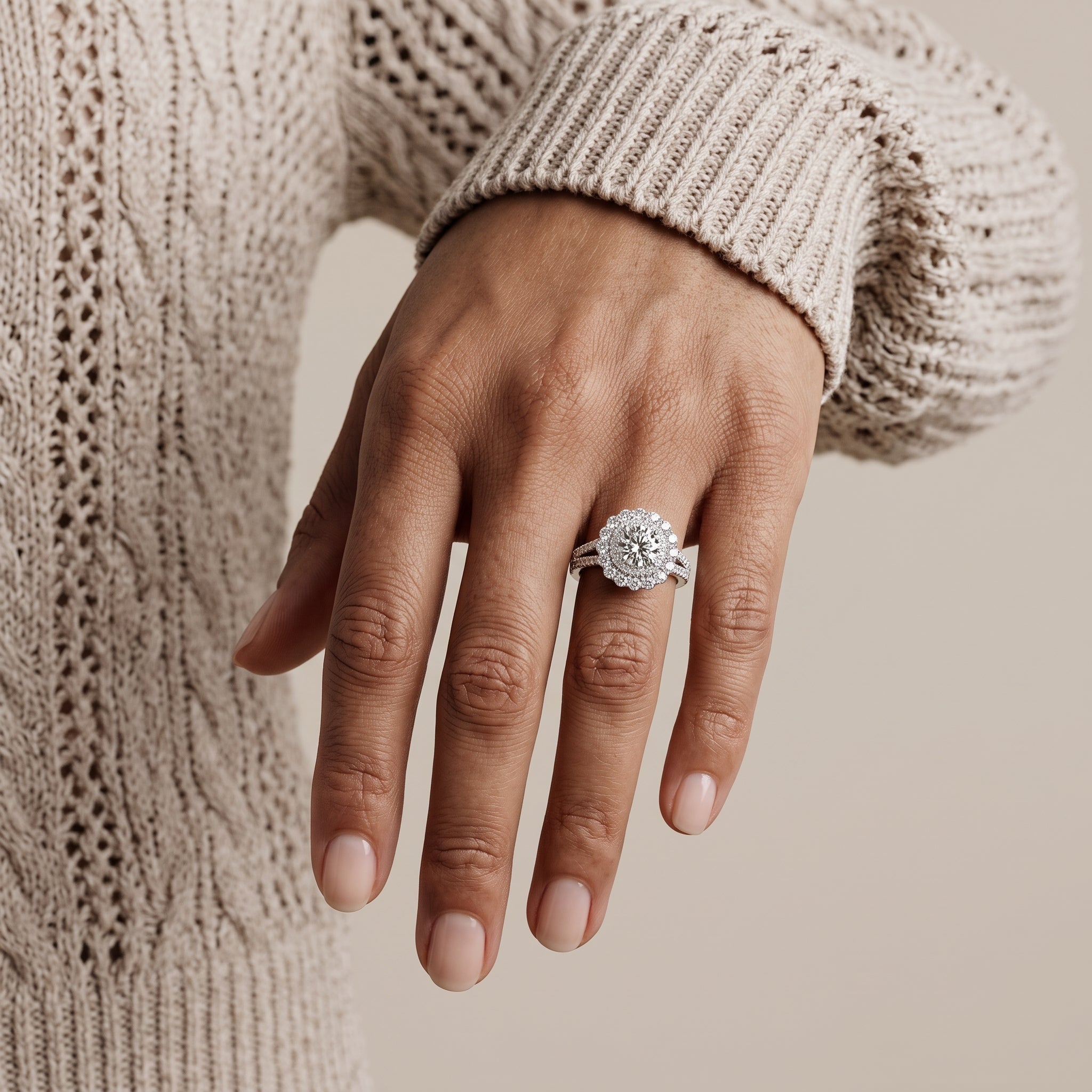 White Round Moissanite Double Halo Engagement Ring