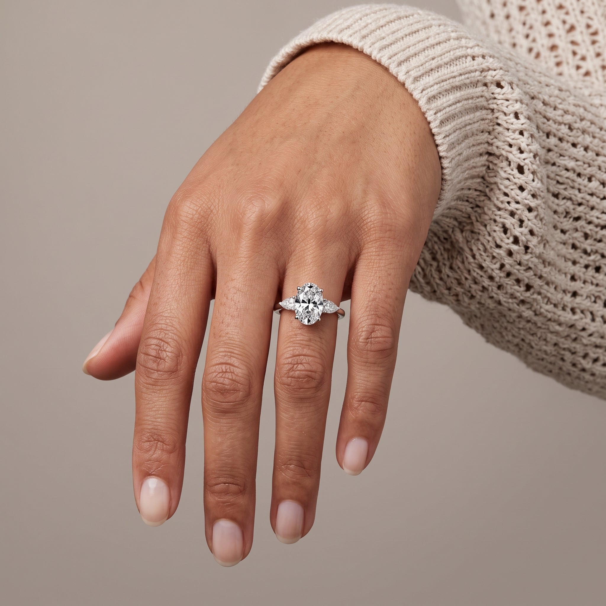 White Gold Oval Moissanite Three-Stone Engagement Ring