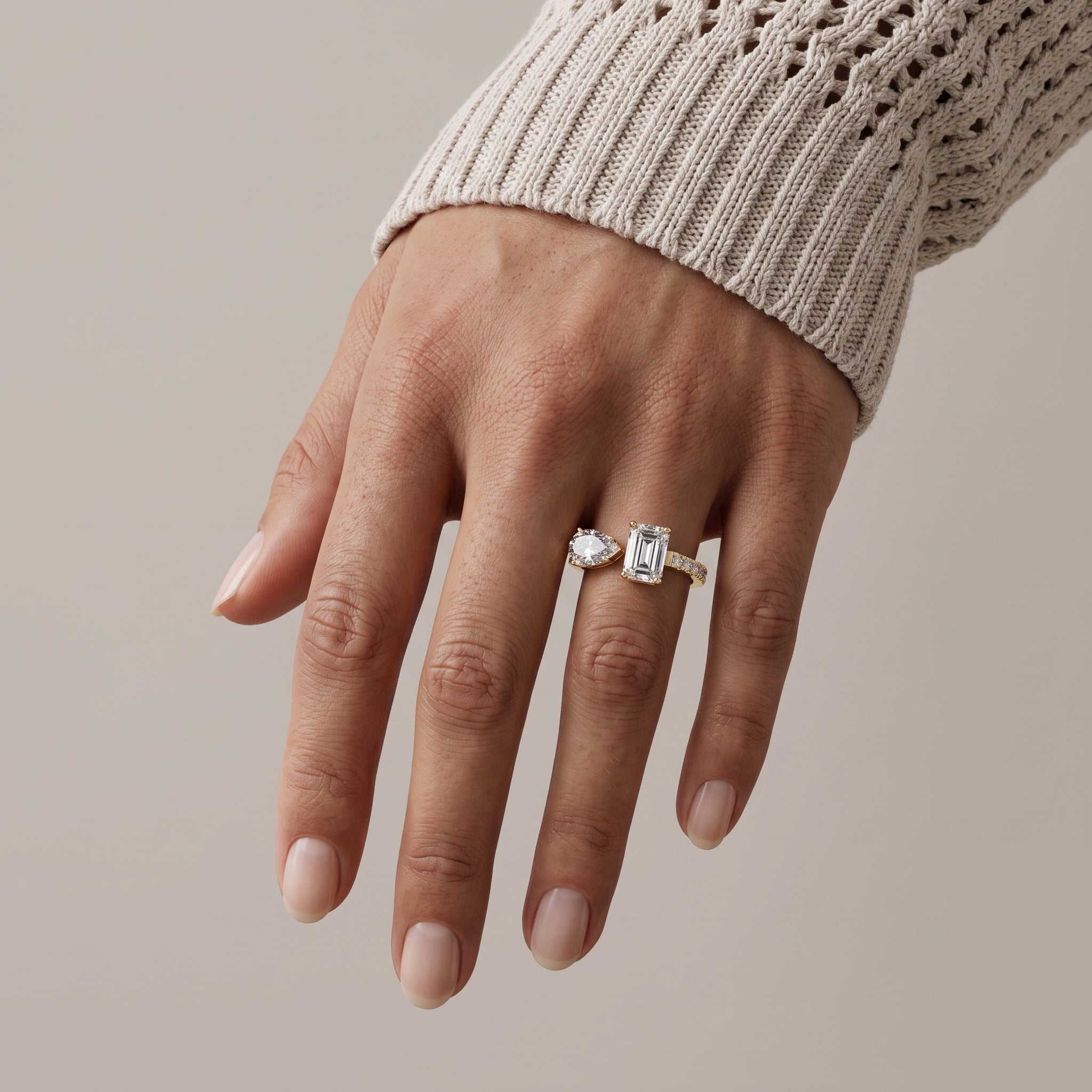 Yellow Gold Pear & Emerald Cut Moissanite Engagement Ring