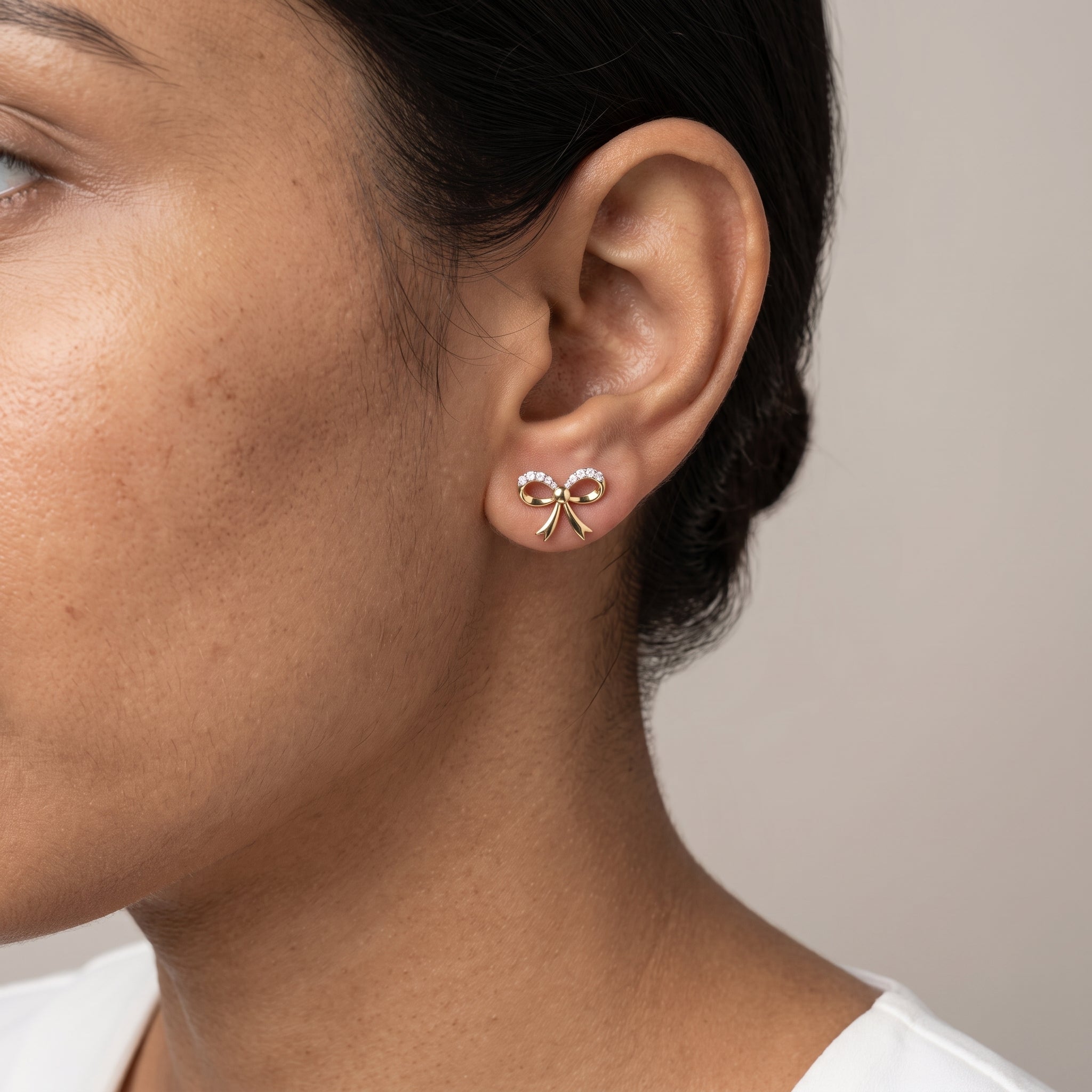 Yellow Gold Round Moissanite Bow Stud Earrings