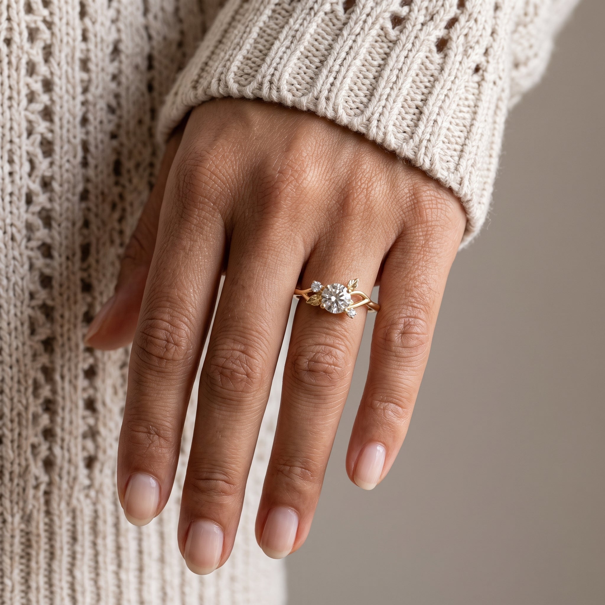 Yellow Gold Round Moissanite Leaf Engagement Ring