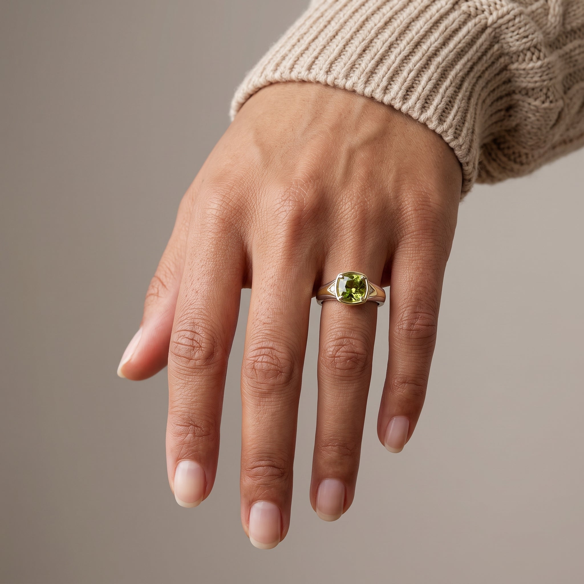 Two-Tone Cushion Cut Green Moissanite Engagement Ring