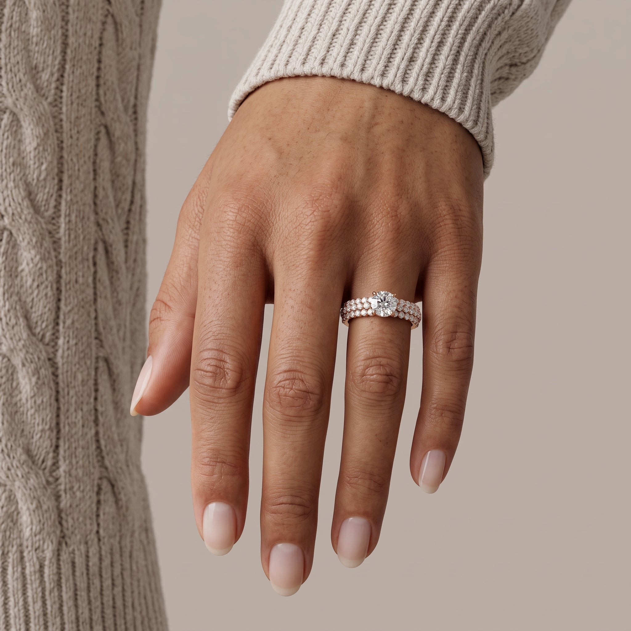 Rose Gold Round Moissanite Engagement Ring with Pavé Band