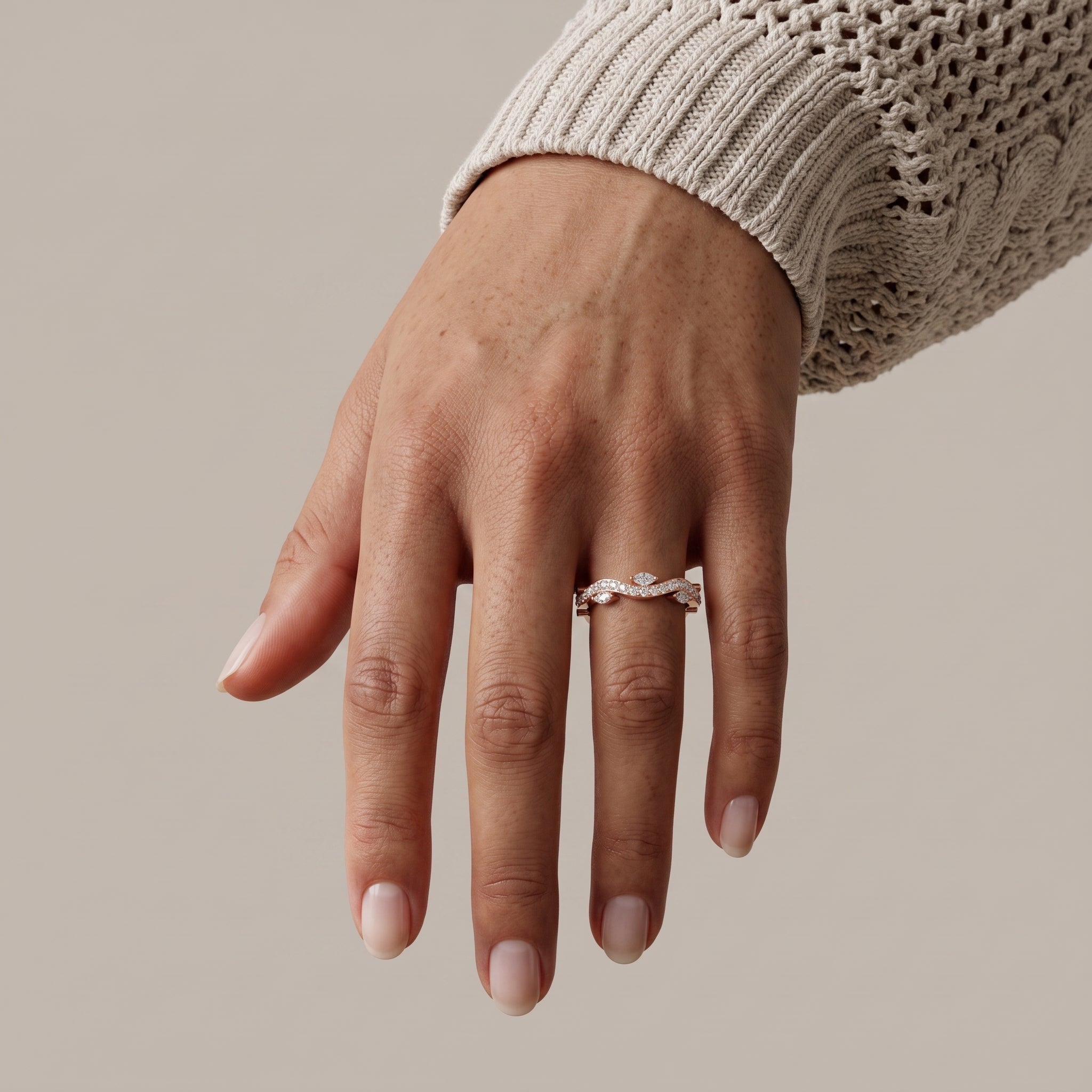 Rose Gold Marquise & Round Moissanite Curved Wedding Band
