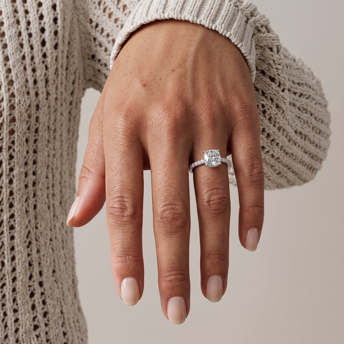 White Metal Cushion Cut Moissanite Engagement Ring