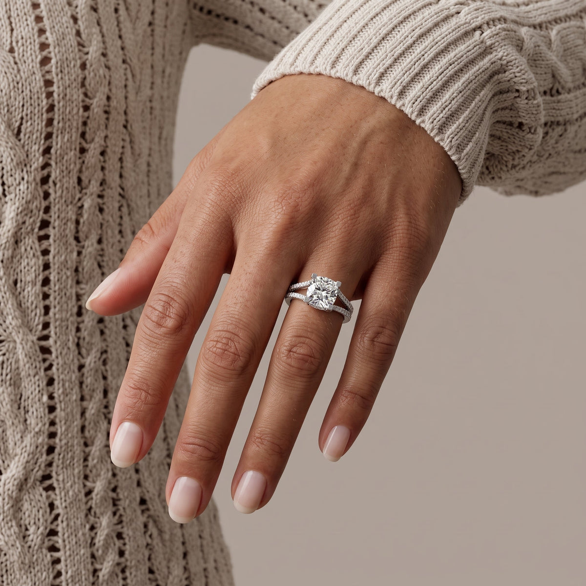 White Gold Cushion Cut Moissanite Split Shank Engagement Ring