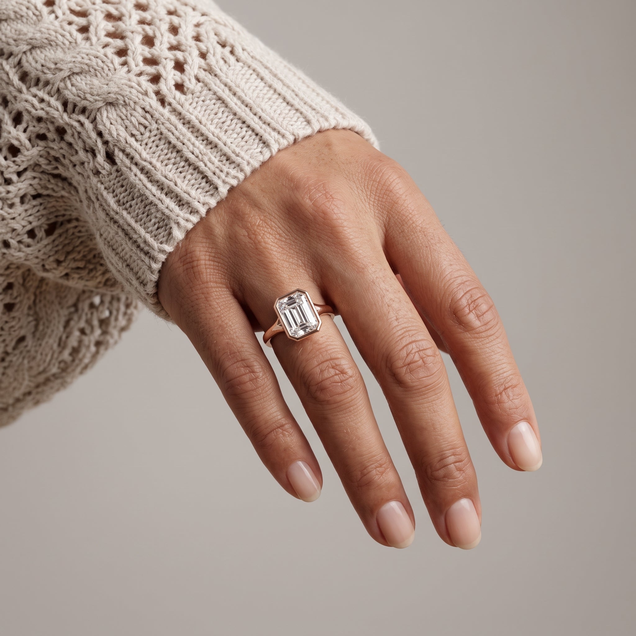 Rose Gold Emerald Cut Moissanite Bezel Engagement Ring