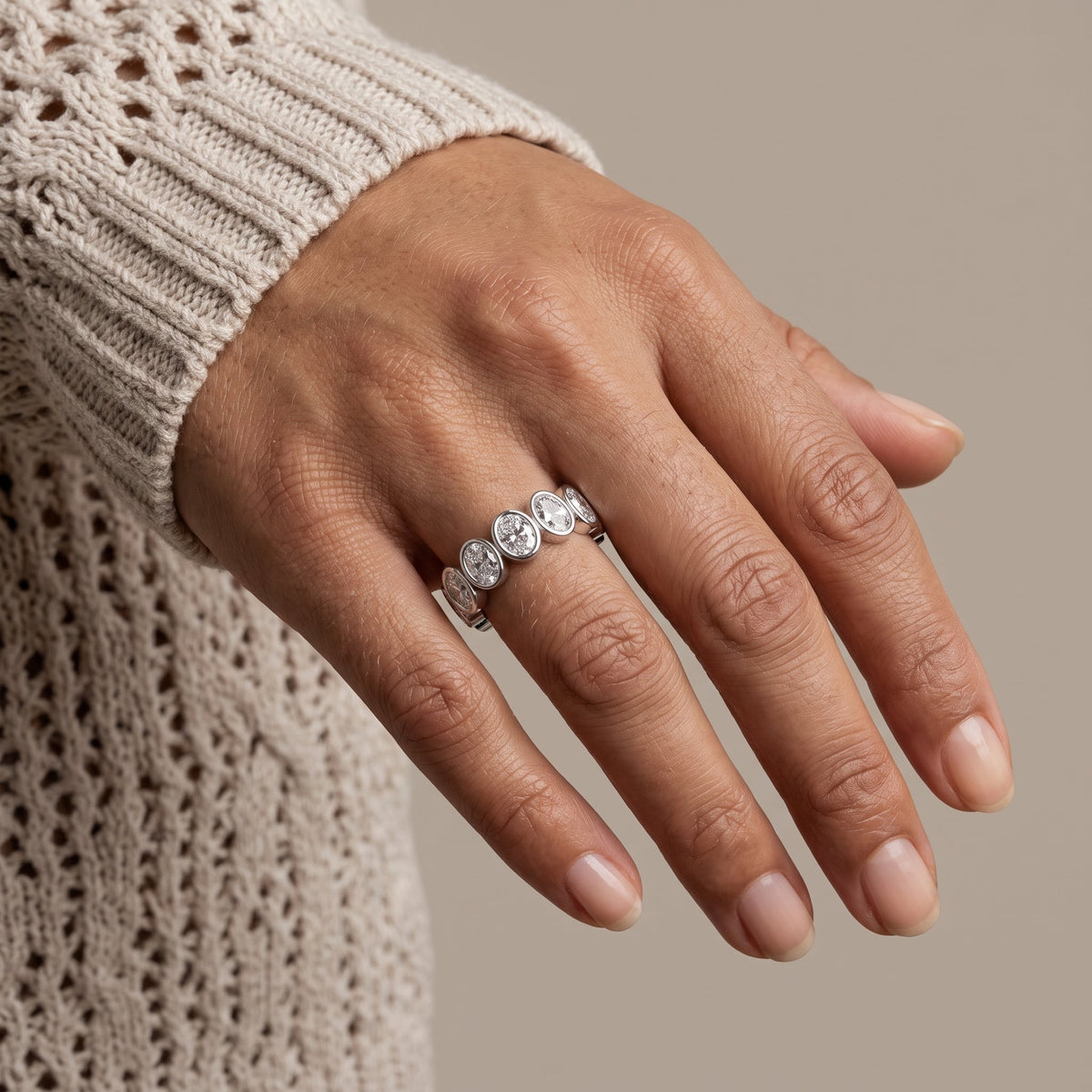 White Metal Oval Moissanite Eternity Band Ring
