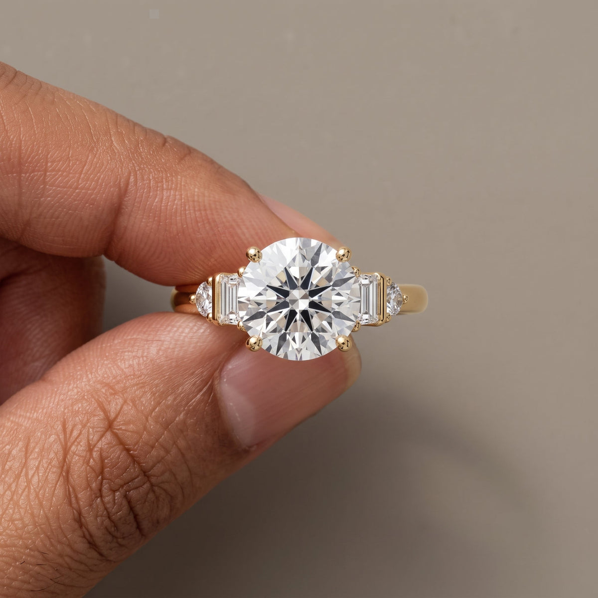 Yellow Gold Round Cut Moissanite Engagement Ring with Side Stones