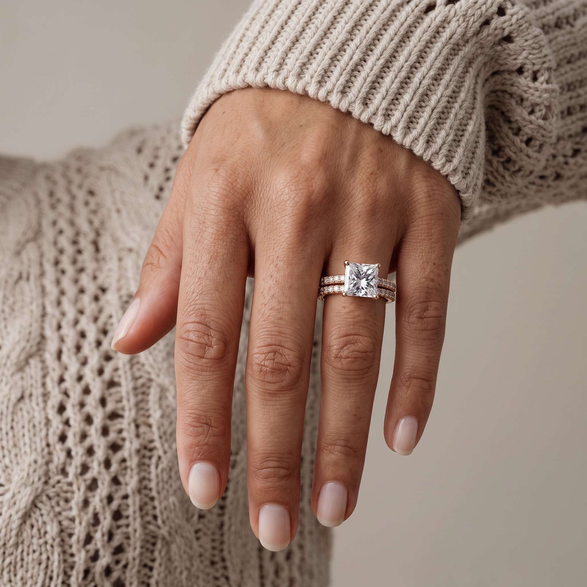 Rose Gold Princess Cut Moissanite Bridal Ring Set