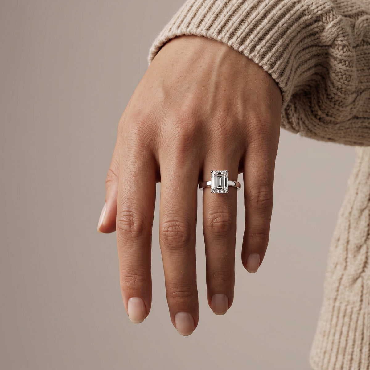 White Emerald Cut Moissanite Solitaire Engagement Ring