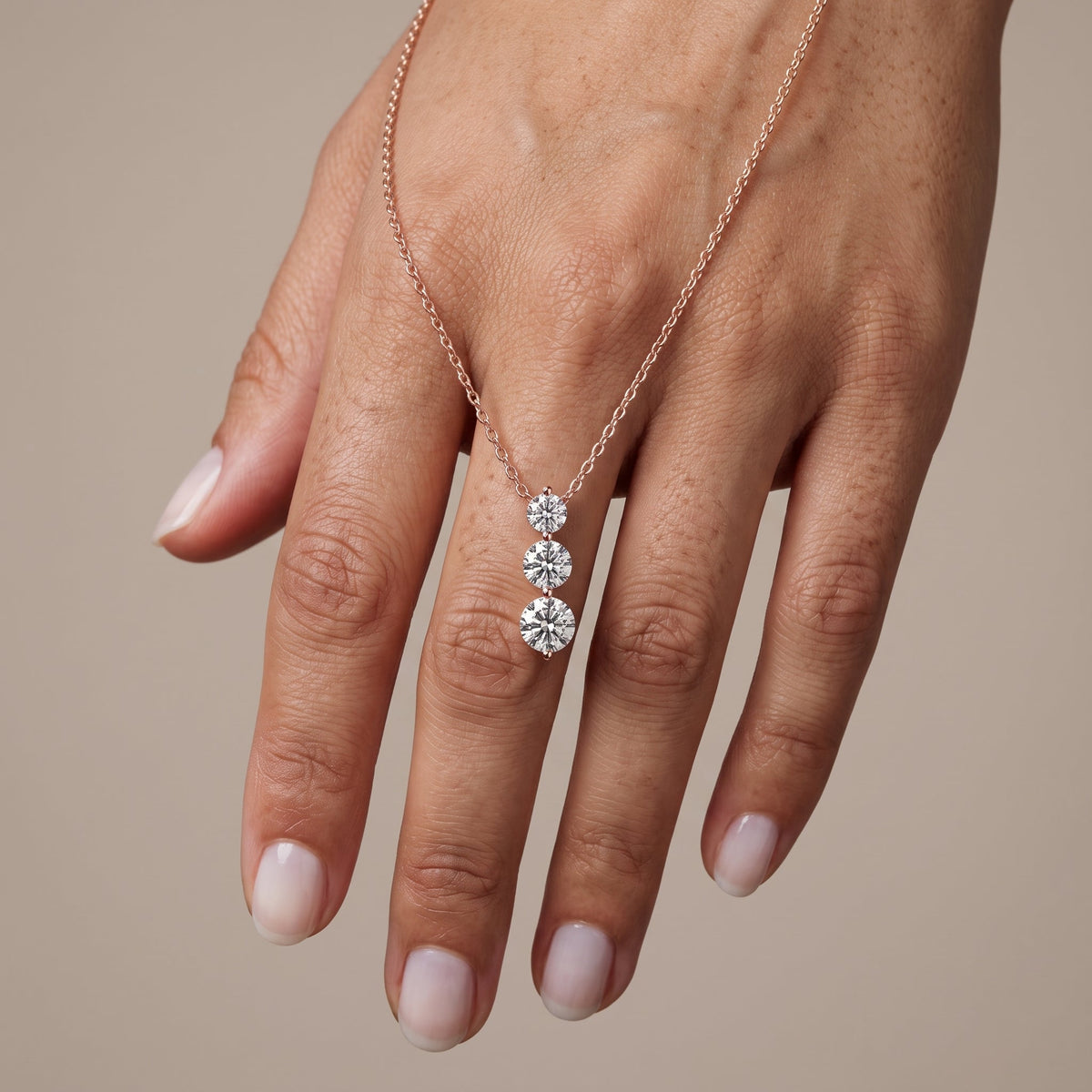 Rose Gold Round Moissanite Three Stone Drop Pendant Necklace