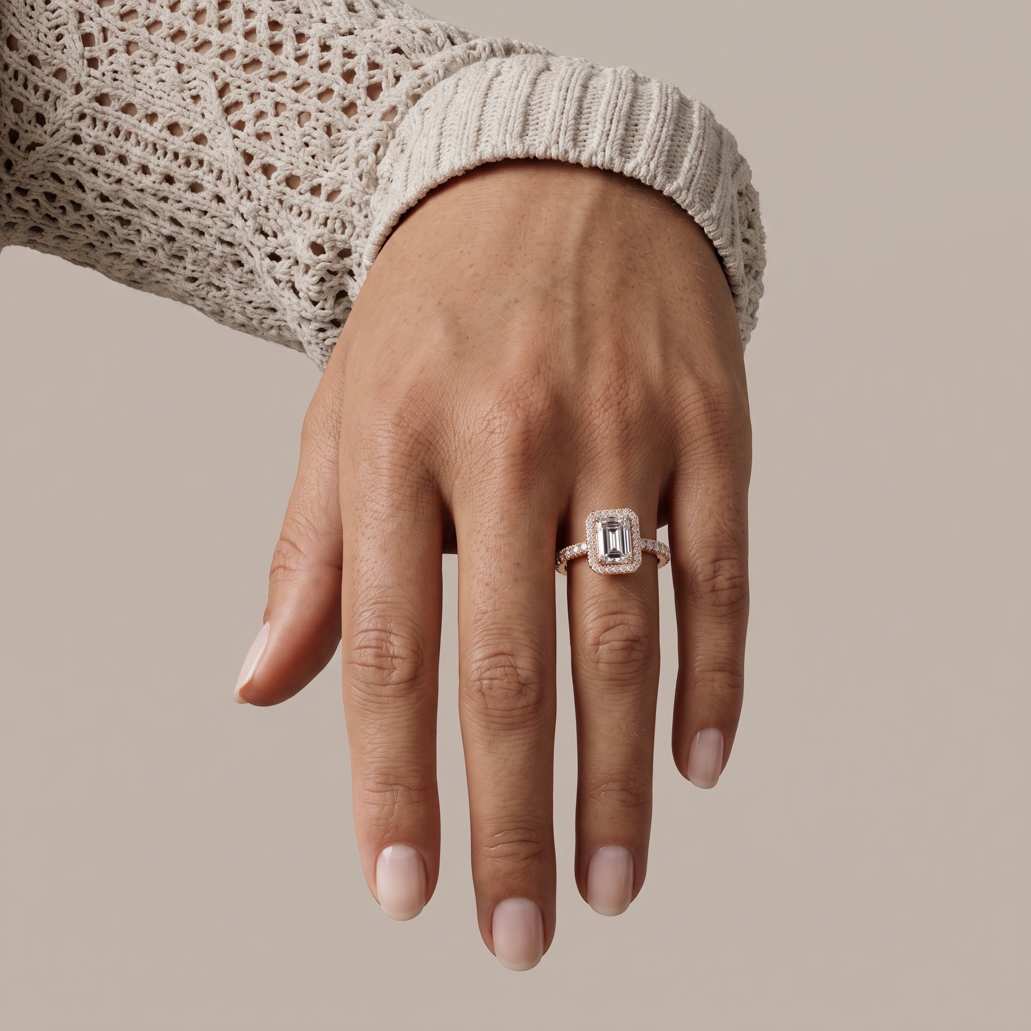 Rose Gold Emerald Cut Moissanite Halo Engagement Ring