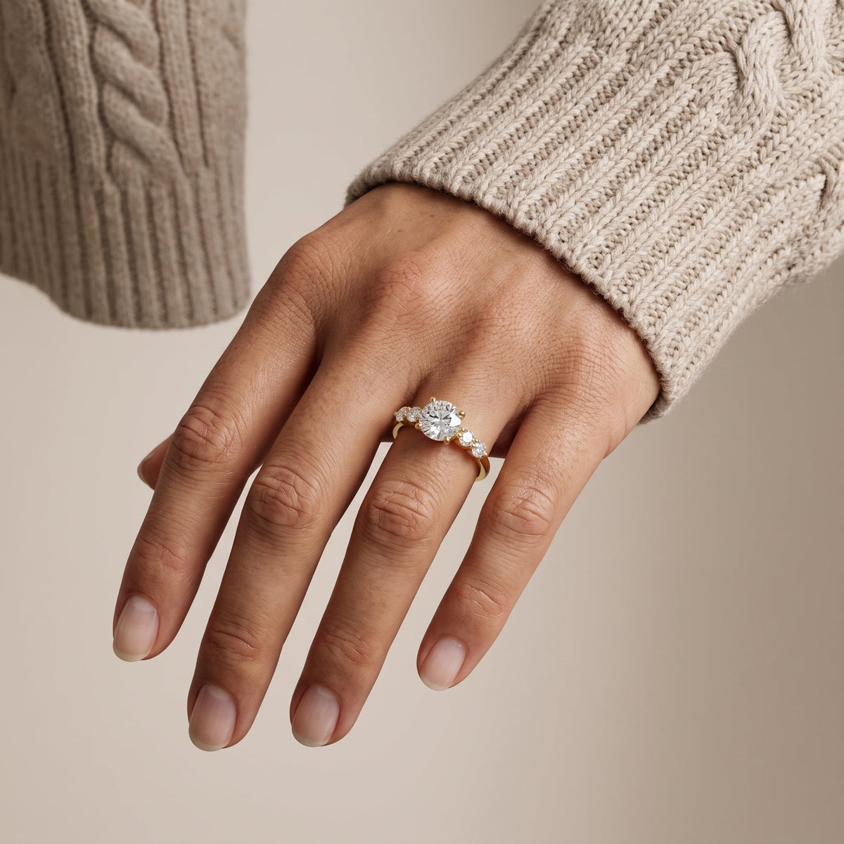 Yellow Gold Round Moissanite Engagement Ring with Side Stones