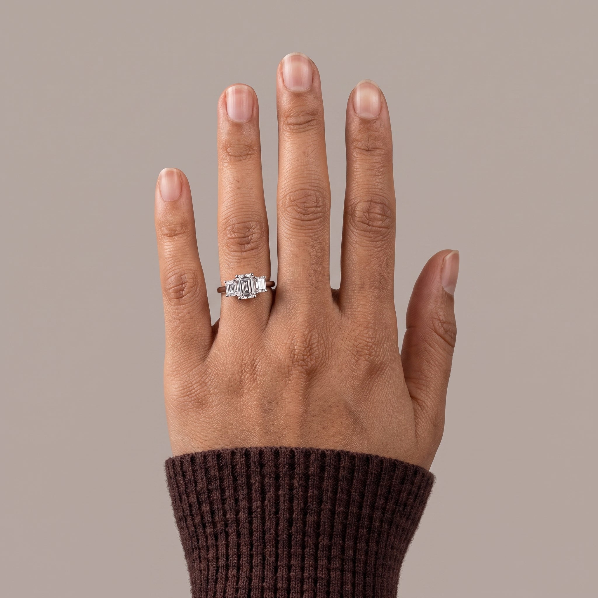 White Emerald Cut Moissanite Three-Stone Engagement Ring