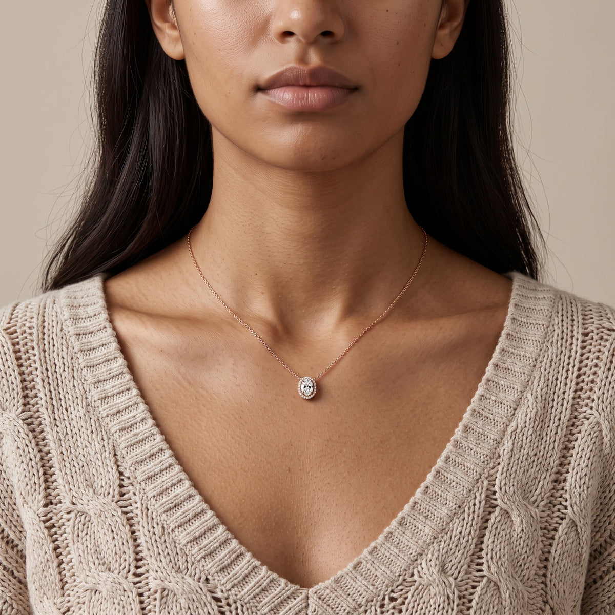 Rose Gold Oval Moissanite Halo Pendant Necklace