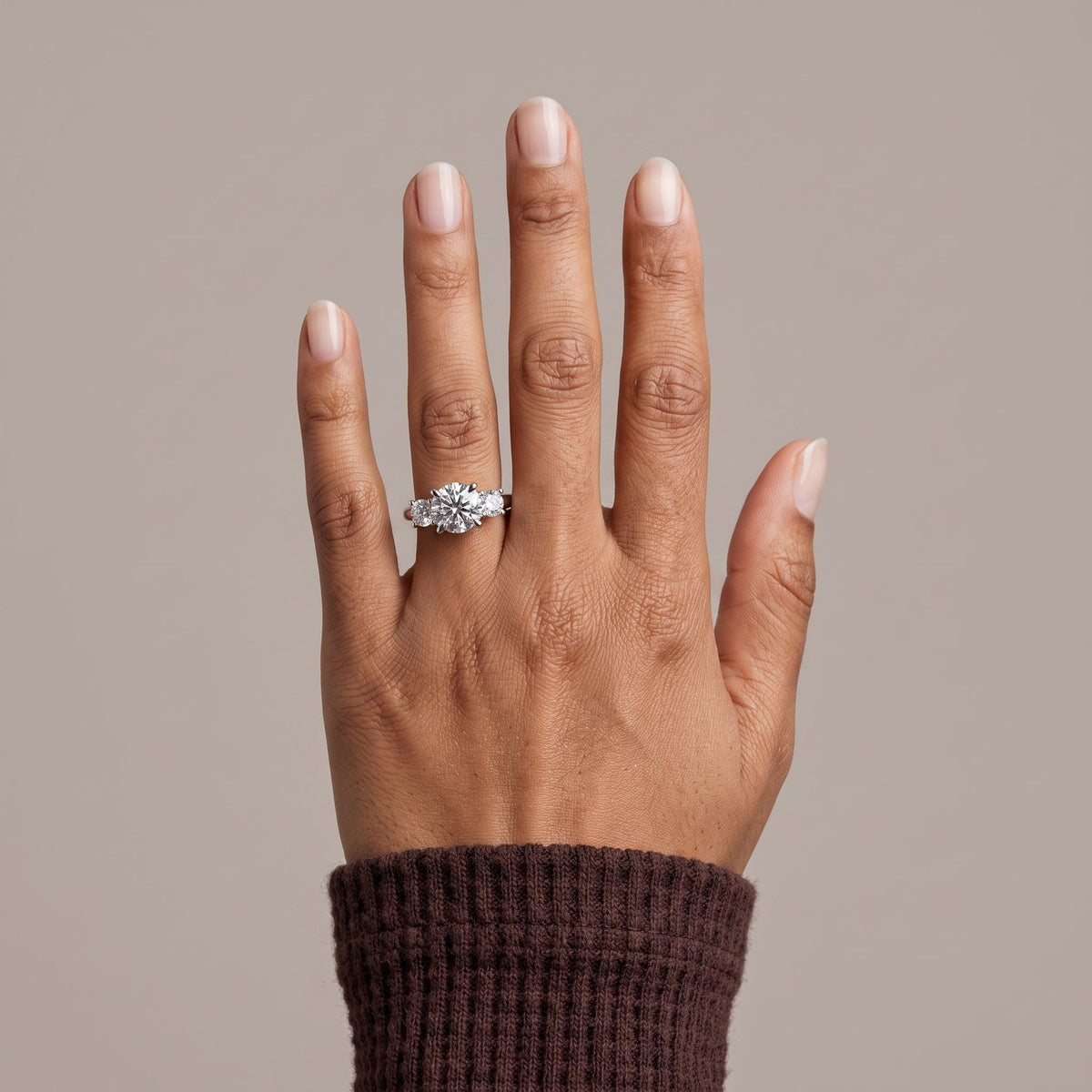 White Metal Round Moissanite Three Stone Engagement Ring