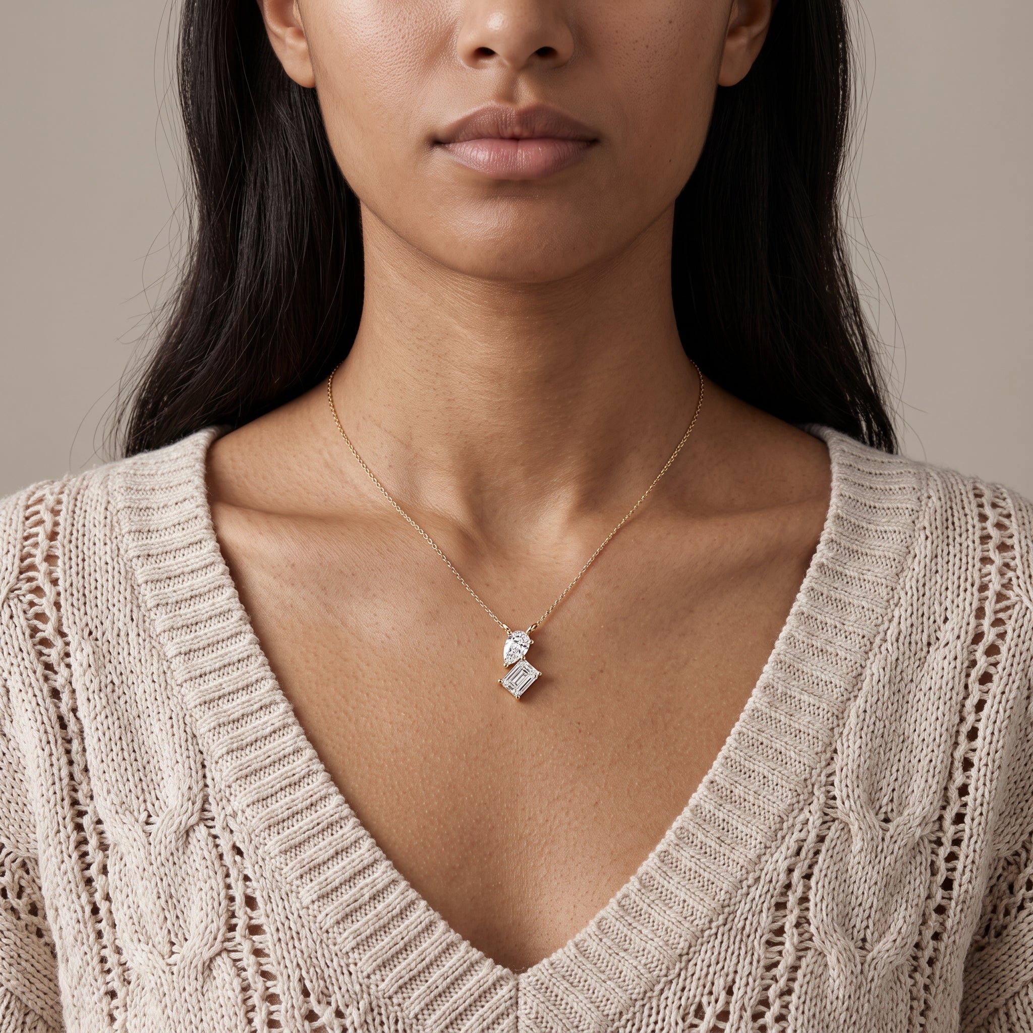 Yellow Gold Pear & Emerald Cut Moissanite Pendant Necklace