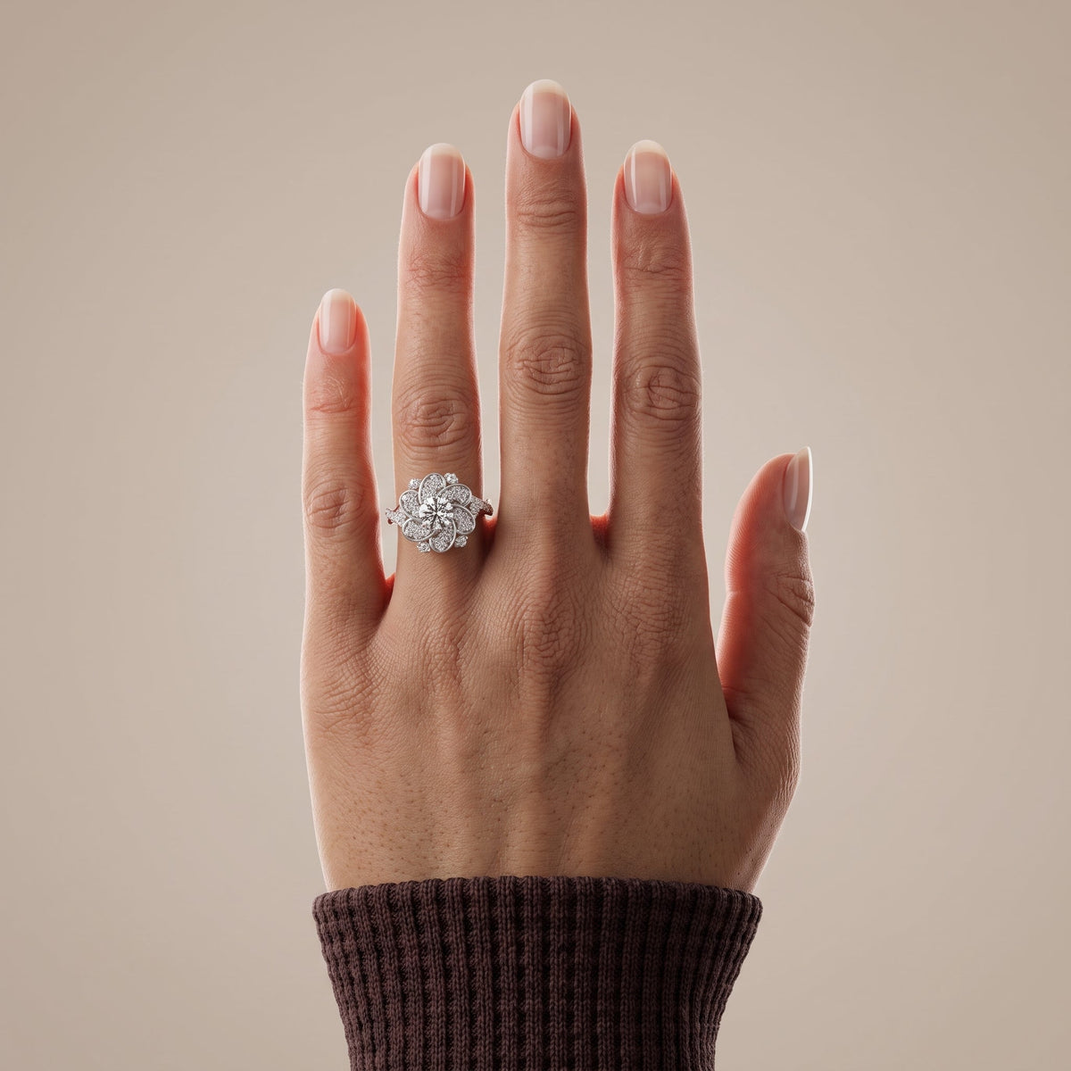 White Gold Round Moissanite Floral Halo Engagement Ring