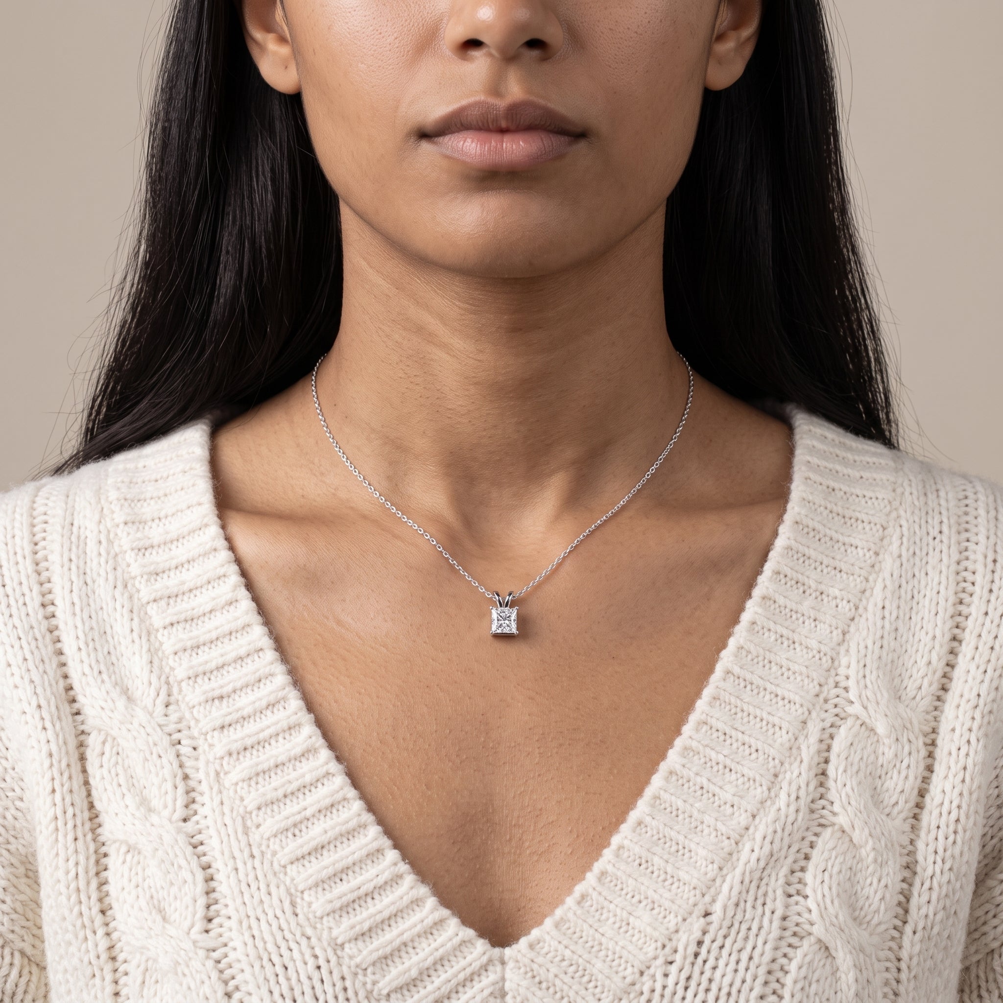 White Metal Princess Cut Moissanite Pendant Necklace