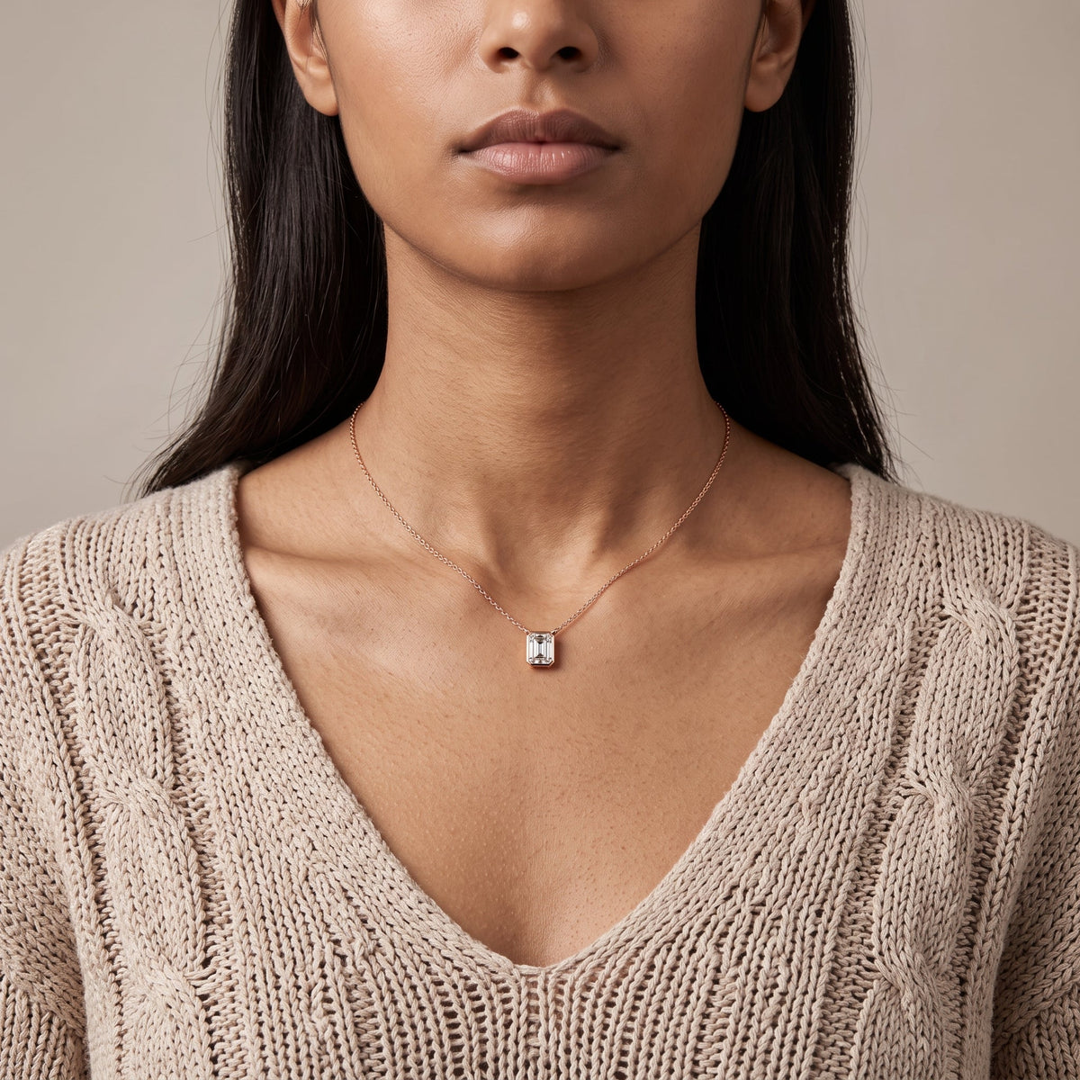 Rose Gold Emerald Cut Moissanite Pendant Necklace
