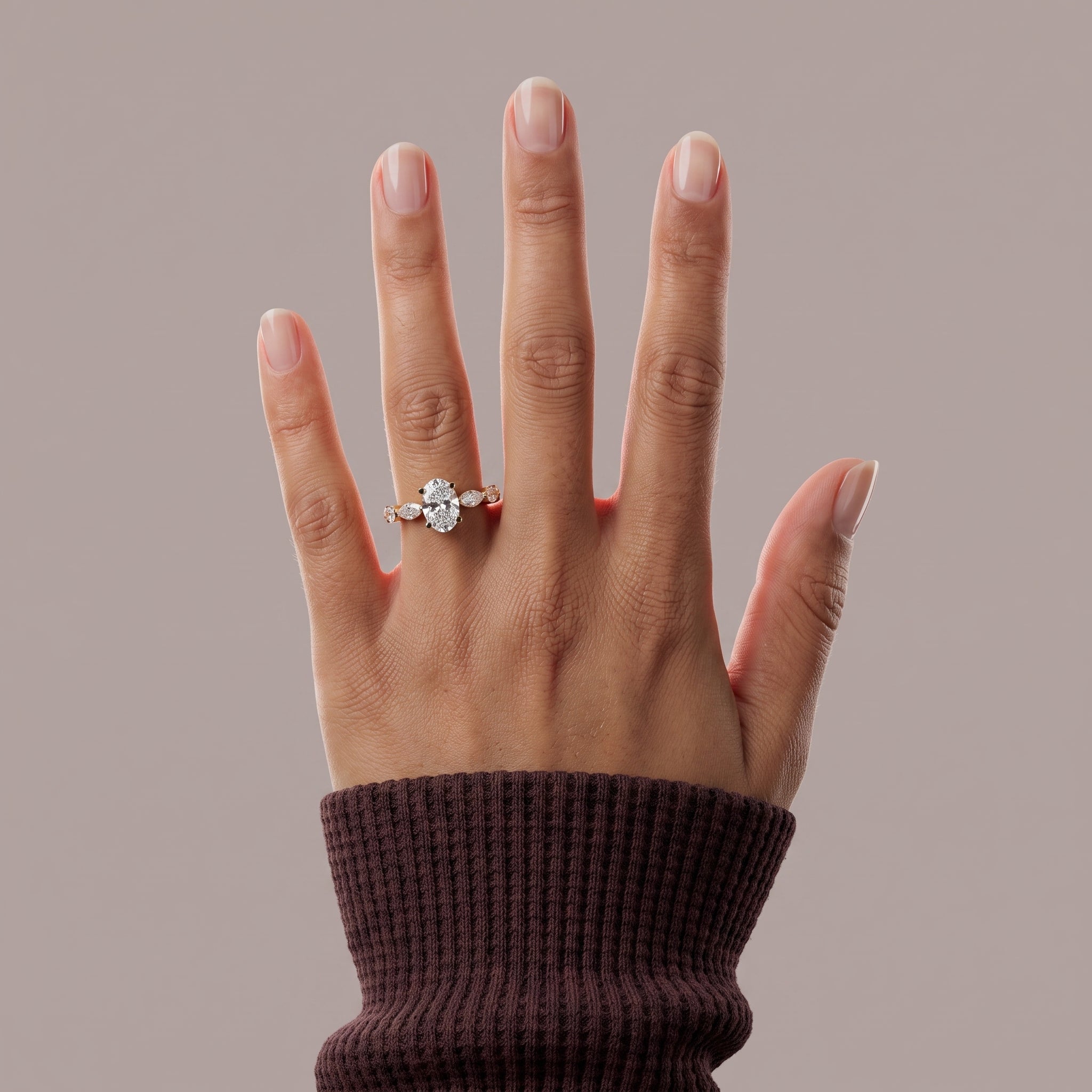 Yellow Gold Oval Moissanite Engagement Ring with Marquise Accents