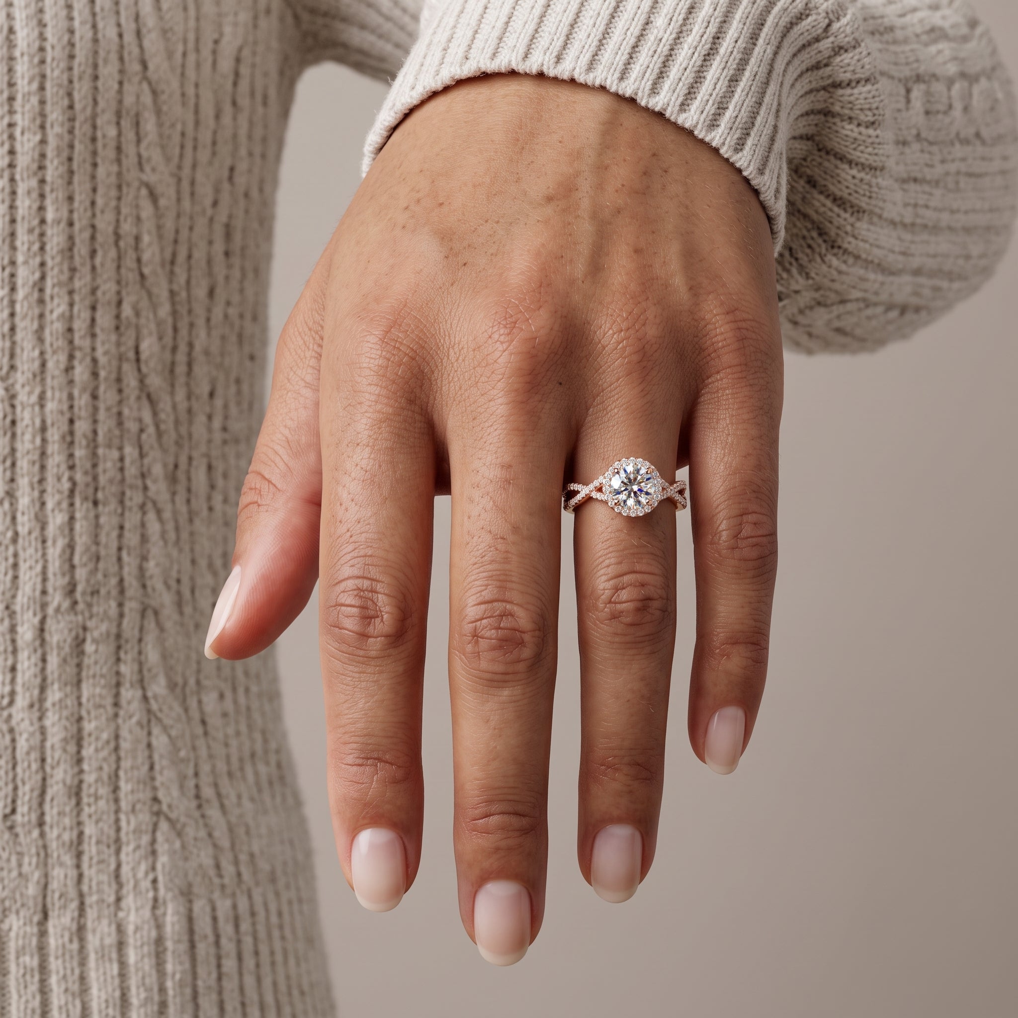 Rose Gold Round Moissanite Halo Engagement Ring with Twisted Band