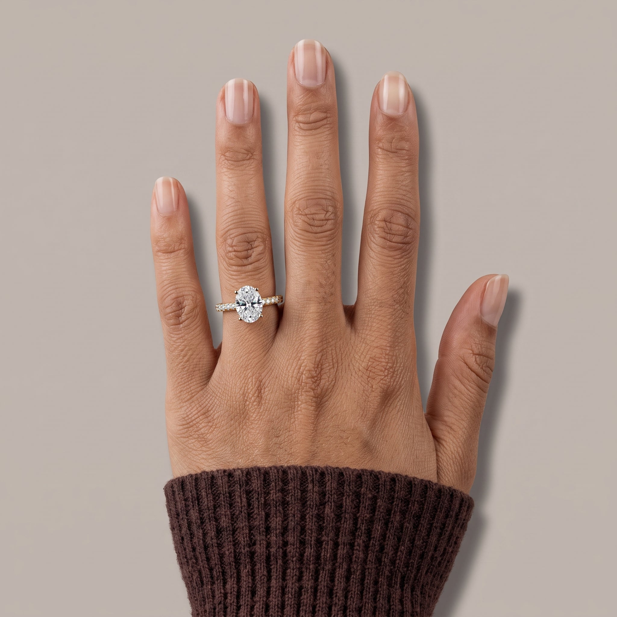 Yellow Gold Oval Cut Moissanite Engagement Ring with Pavé Band