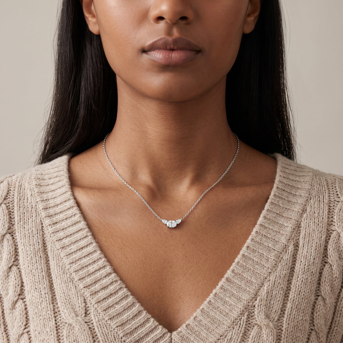 White Metal Oval Moissanite Three Stone Pendant Necklace