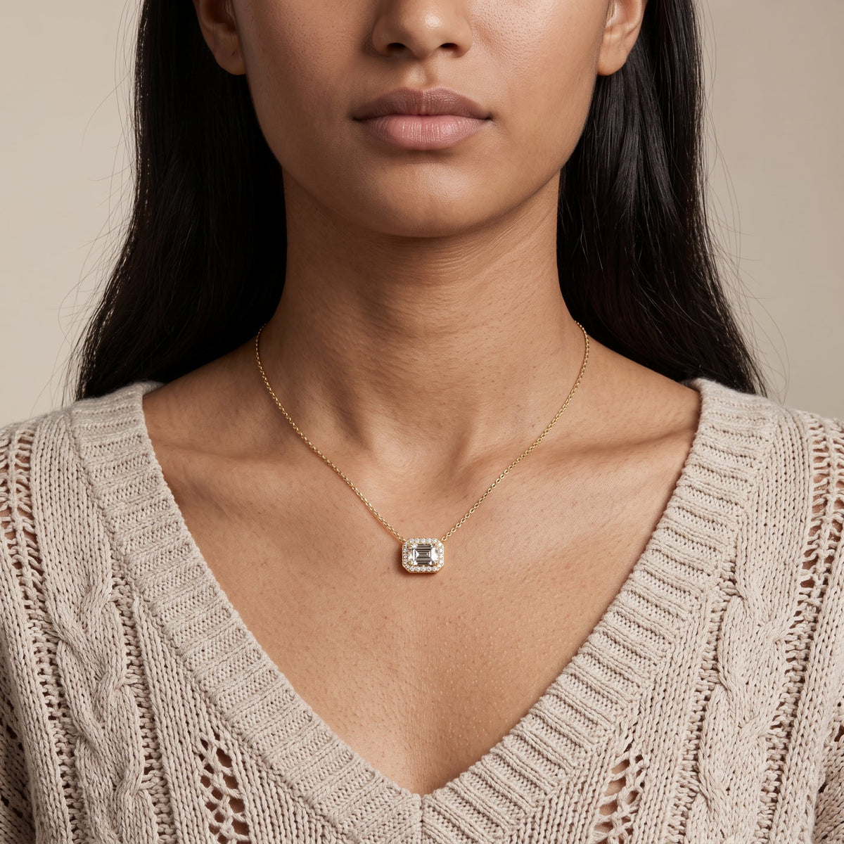 Yellow Gold Emerald Cut Moissanite Halo Pendant Necklace