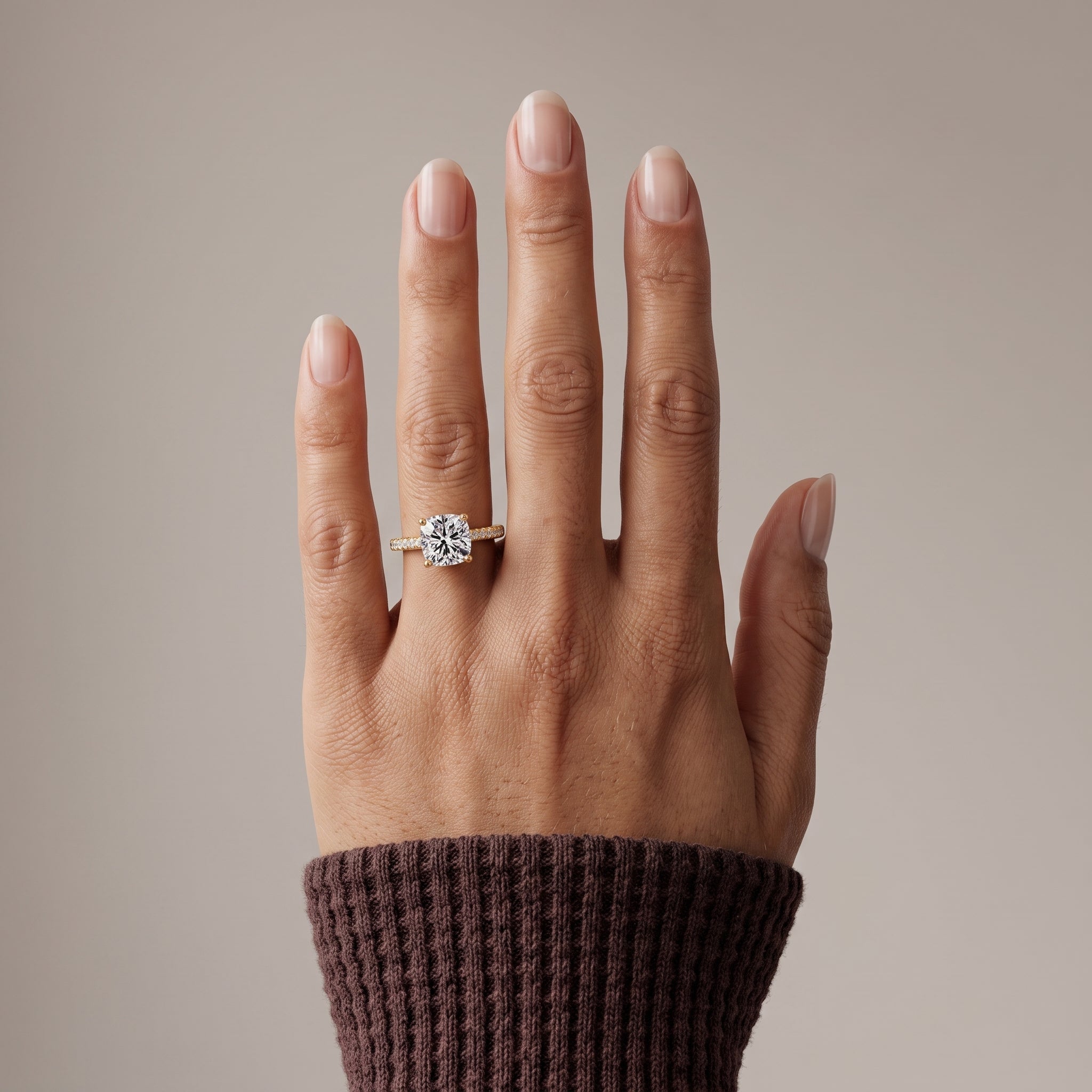 Yellow Gold Cushion Cut Moissanite Engagement Ring with Pavé Band