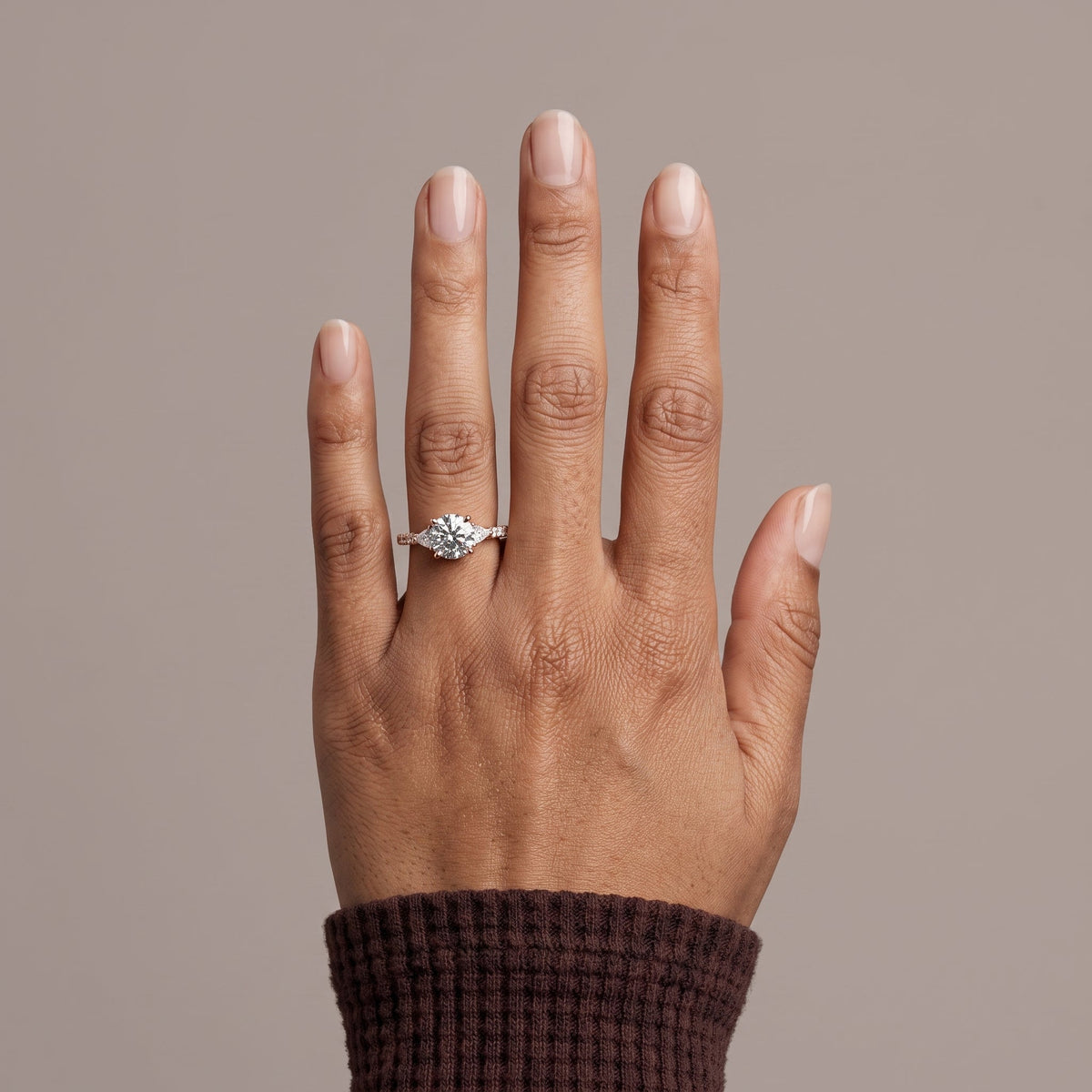 Rose Gold Round Moissanite Three Stone Engagement Ring